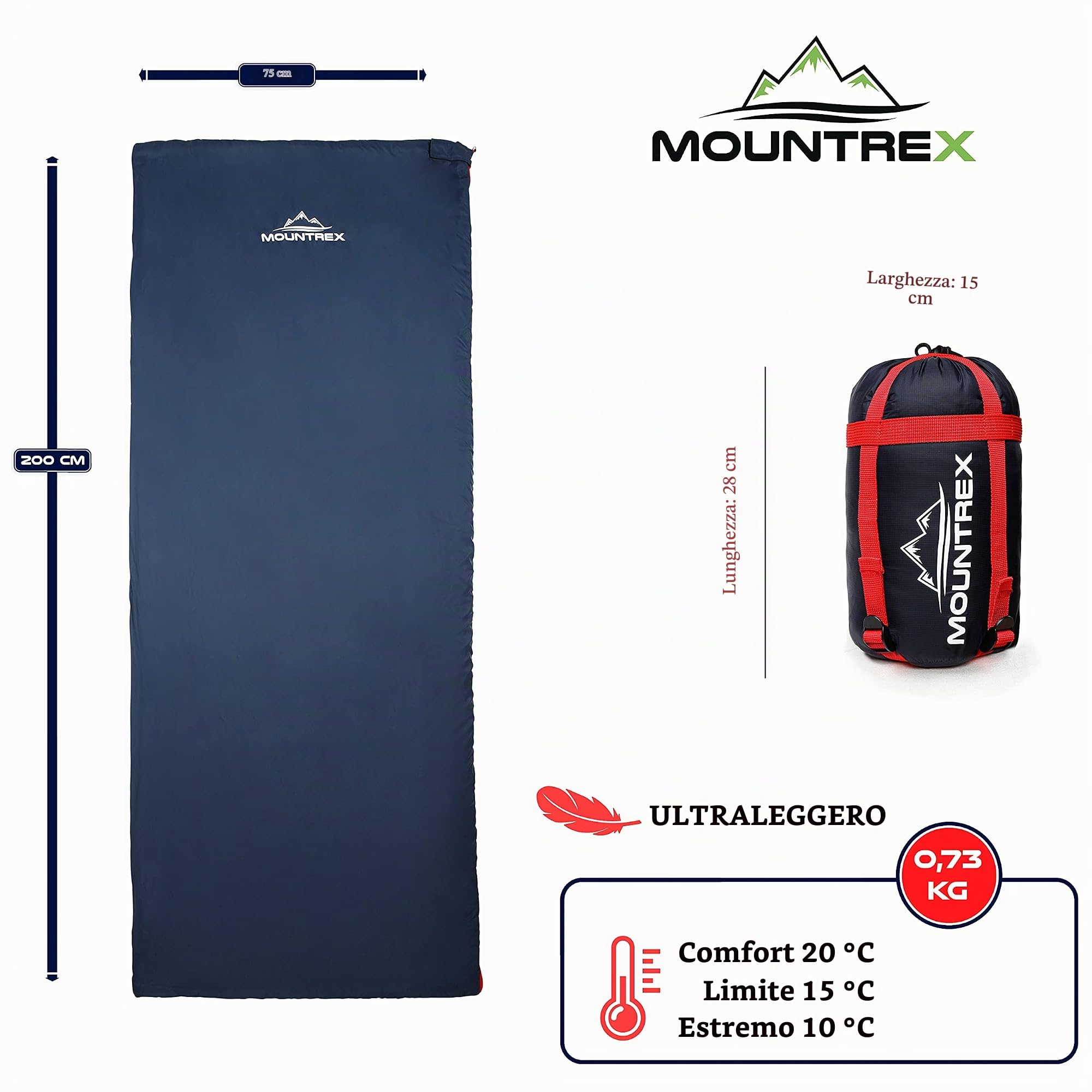 MOUNTREX® Sacco a pelo – piccolo ingombro & ultraleggero (730 g) – Sacco a pelo estivo – per attività all'aperto – campeggio, viaggi, festival – accoppiabile