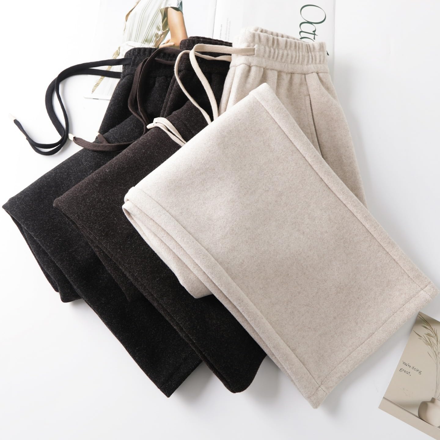 Women's Fall High Waist Loose Drape Straight Leg Wool Blend Wide Leg Long Pants