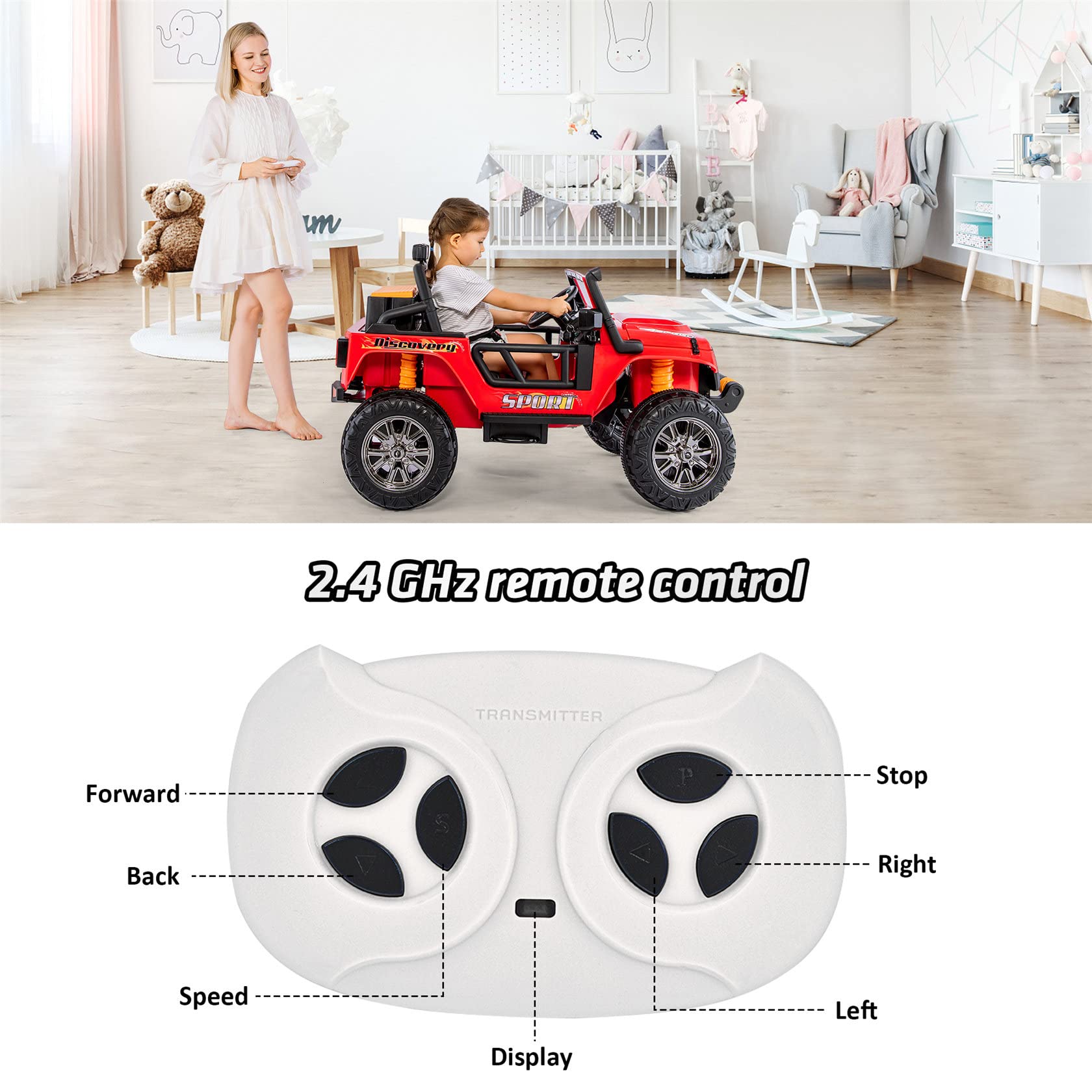 Auto Elettrica per Bambini 12v, Auto Elettrica con Telecomando, modalità Genitore, 3 Posti, USB Bluetooth. Telecomando, Soft Start, Motori 2 * 35w. Clacson, Luce Anteriore. 3-7 Km/H,Red