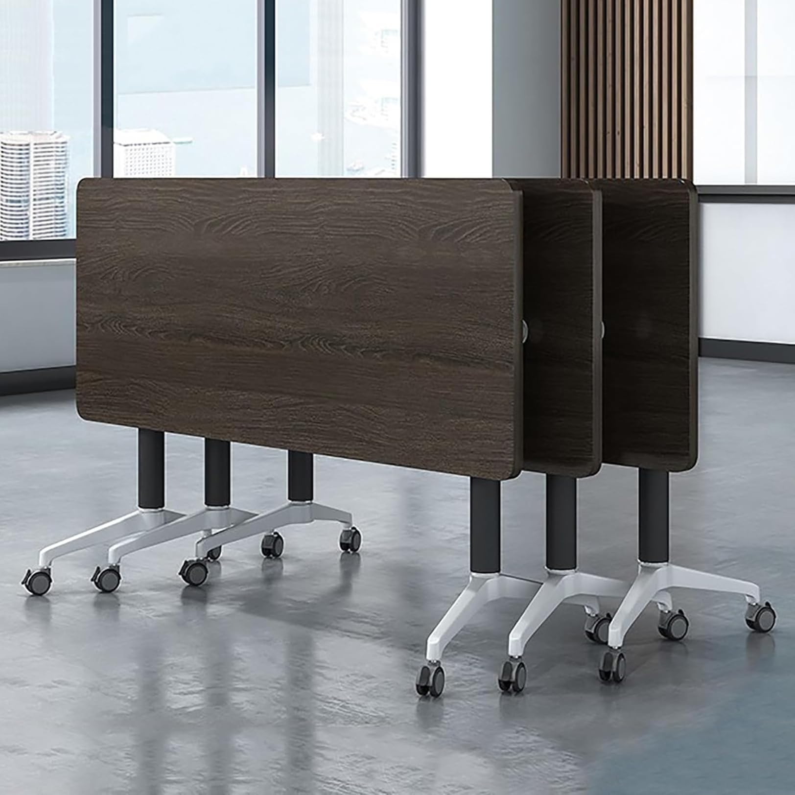 HTDRE Mobile Folding Conference Table with Lockable Wheels Flip-Top Design Metal Frame Space-Saving Desk for Office Training Seminars Meetings Events