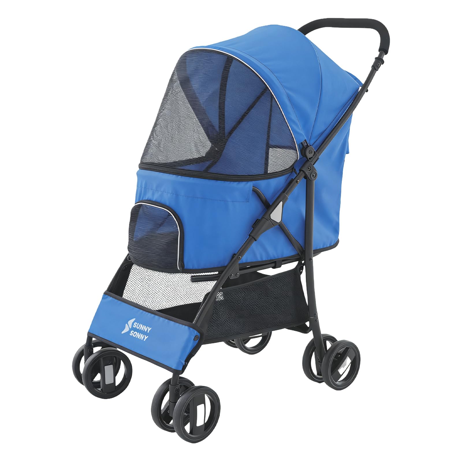 Sunny Sonny Passeggino pieghevole per animali domestici, con copertura per le intemperie, cestino portaoggetti, per cani e gatti S/M fino a 15 kg (blu)