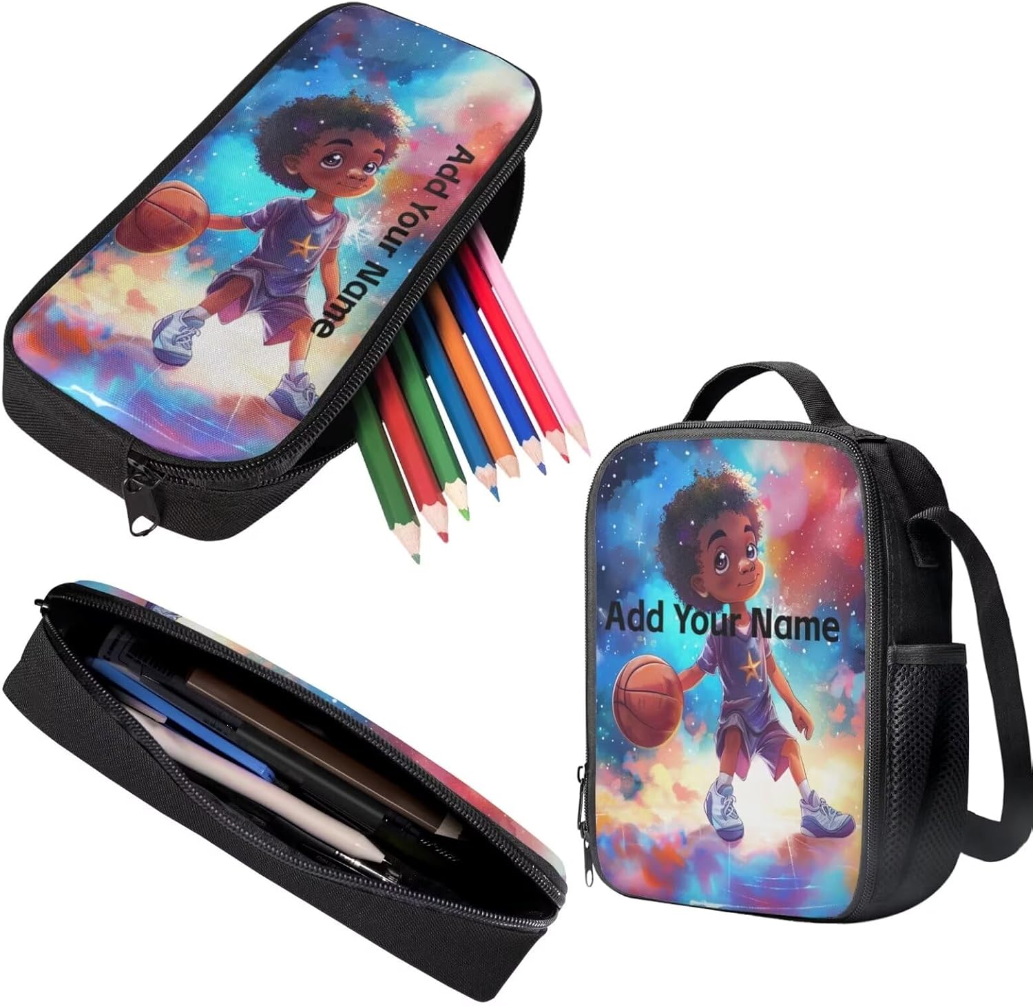 Custom Name Backpack for Boys Bookbag Lunch Bag 1 Grade/2Nd Grade Personalized School Bag Lunch Box Pencil Case Afro Back Pack Lunchbag African Black Kids School Daycare Bag