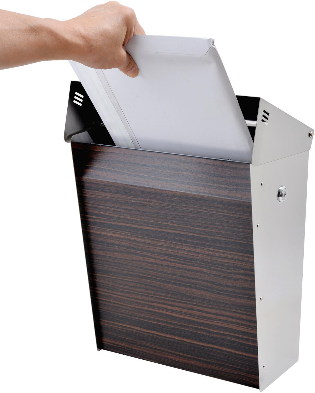 Hover OP - Modern Stainless Steel Wall Mount Mailbox with Lock and Key, Extra Large Letterbox, Rust-Resistant for Contemporary House, Apartment, 8" x 12" x 14" (White Oak)