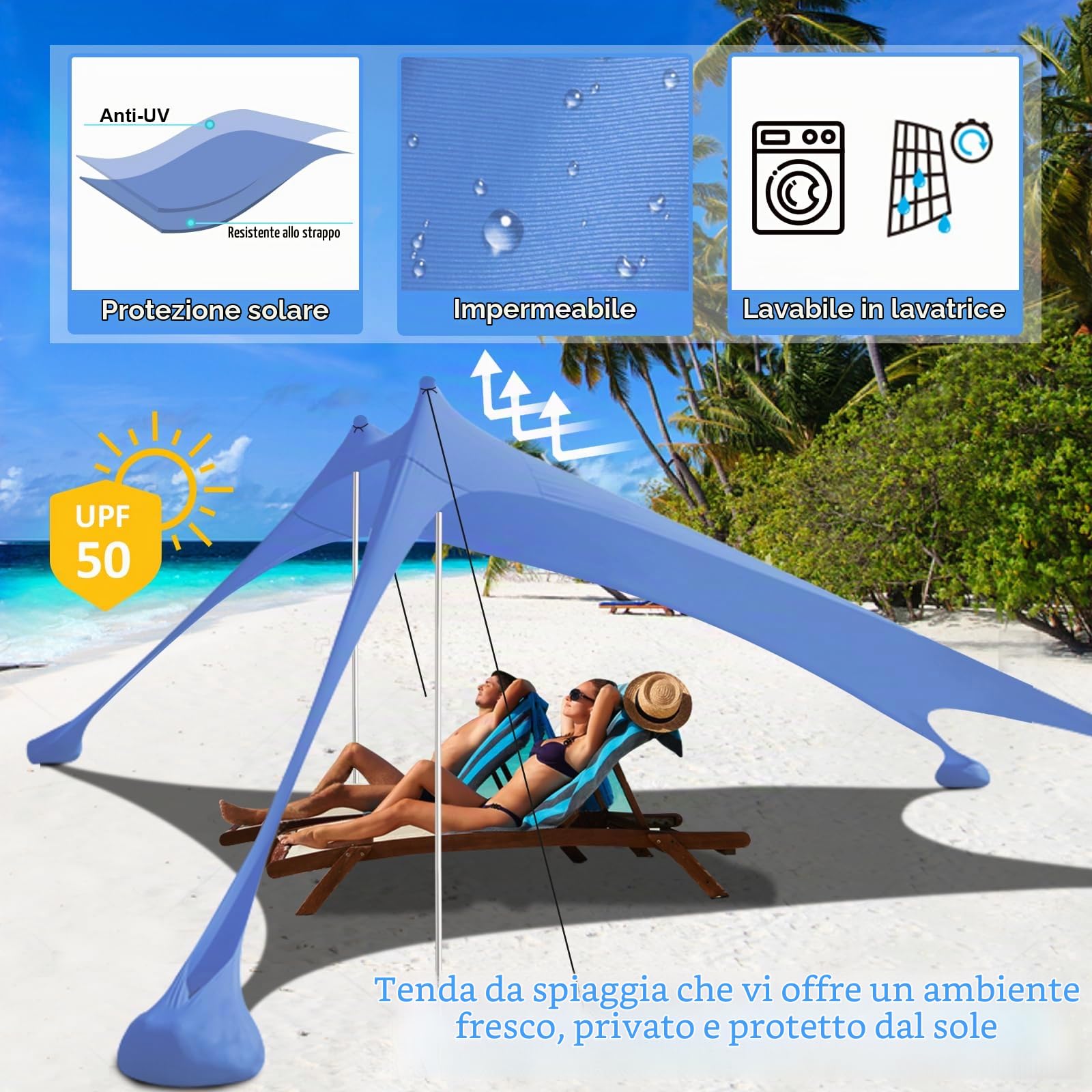 Tenda da spiaggia, tenda da sole da spiaggia, 3 × 3 m, SPF 50+, con pala di sabbia, picchetti e barre di stabilità, protezione dal vento, protezione solare per esterni, campeggio, pesca