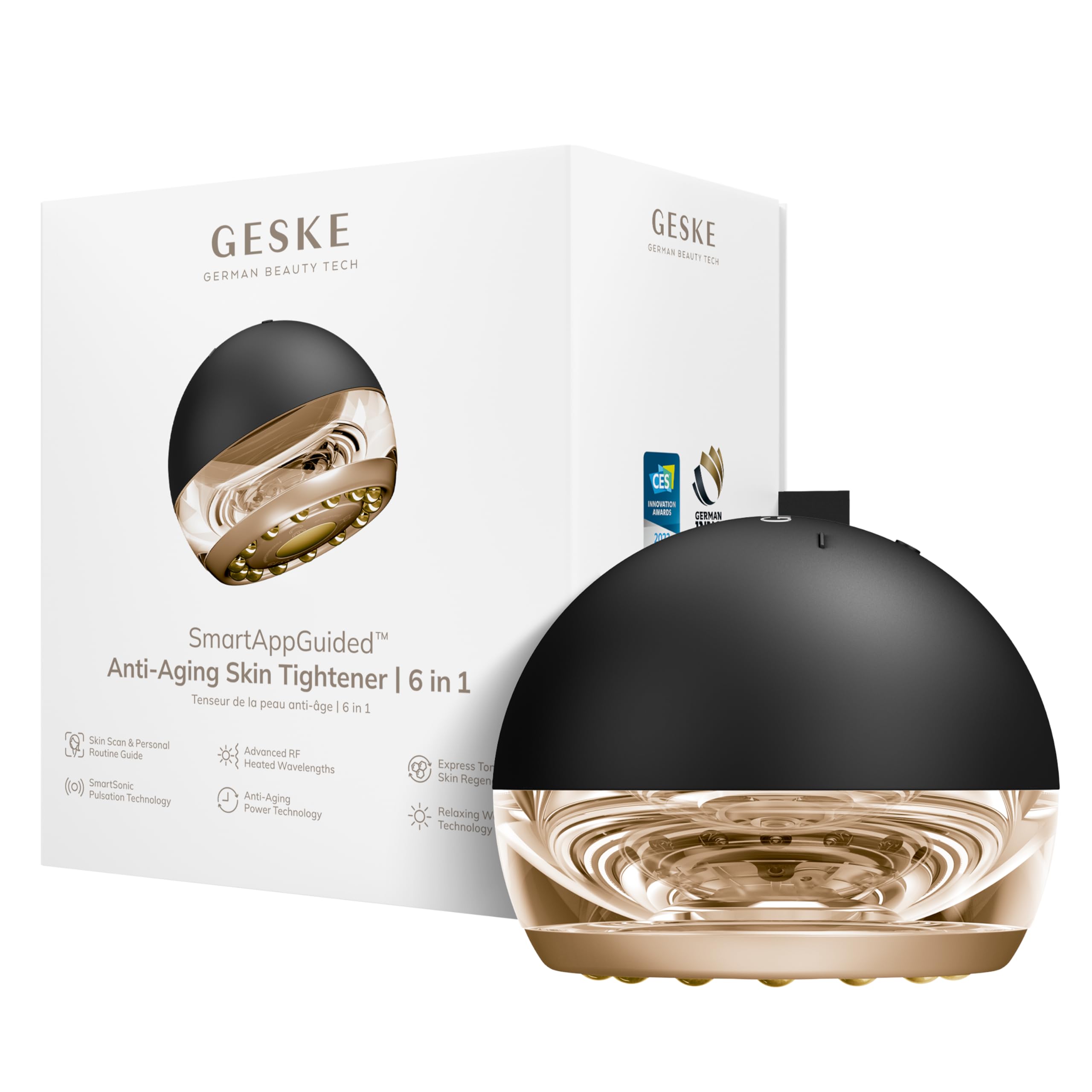 GESKE Anti-Aging Skin Tightener | 6 in 1 | Wärmetechnologie | SmartAppGuided™ | Fortschrittliches Anti-Aging | Radiofrequenz Hautstraffung | Hauterneuerung mit SmartSonic Pulsations