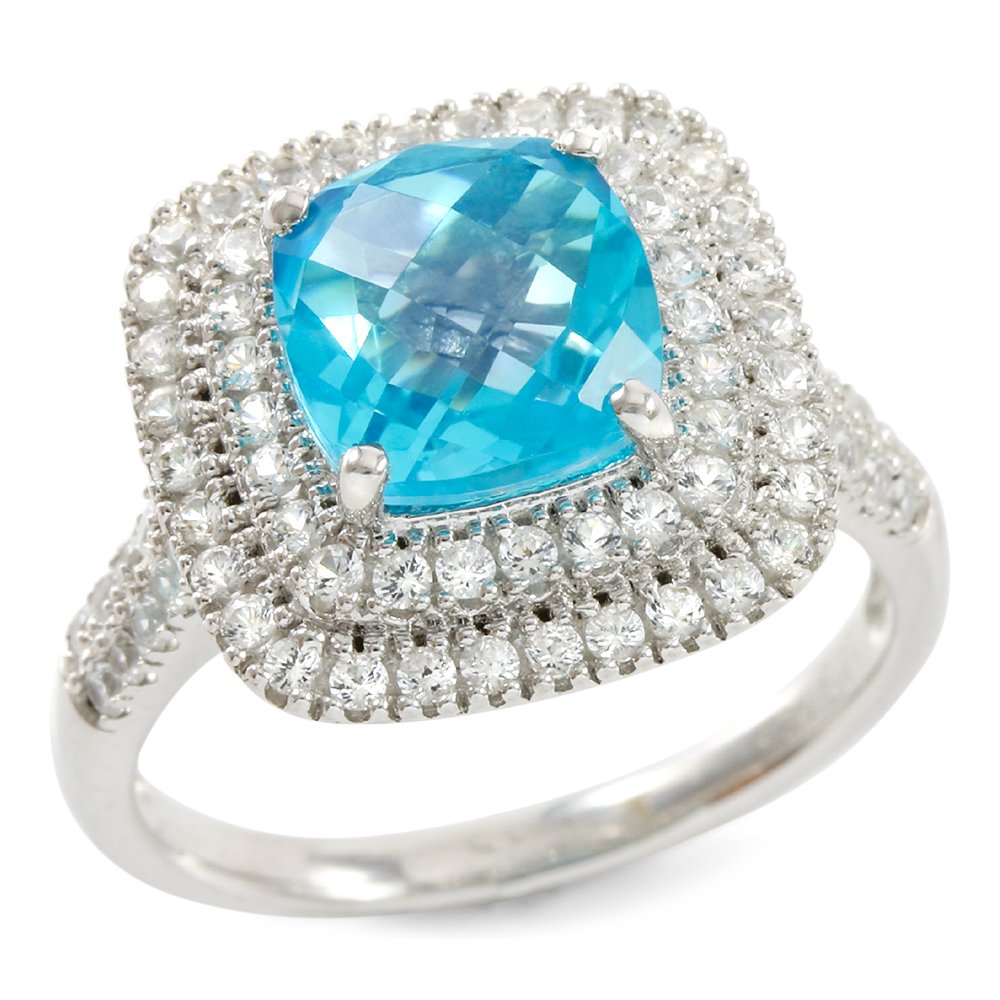 Sterling Silver 7mm Cushion Cut Created Paraiba Tourmaline & Created White Sapphire Women's Ring, Size 7