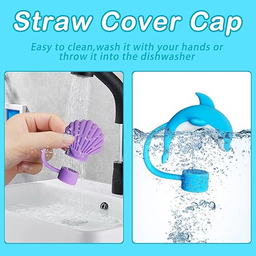 Miniatura 4 de 6 tapas de paja para copa Stanley, cubierta de paja de silicona de animales marinos para vaso Stanley de 30 y 40 onzas con asa, tapas de puntas