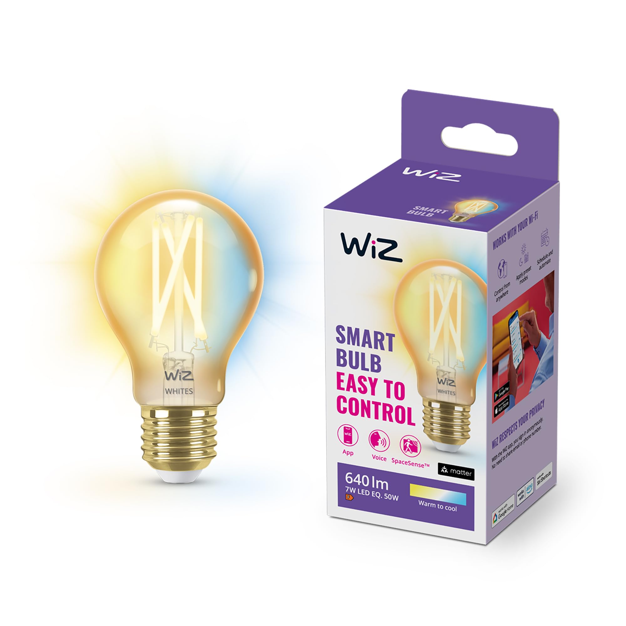WiZ Tunable White Amber LED Lampe, Standardform 1er-Pack E27, 50W, Vintage Design, dimmbar, warm- bis kaltweiß, smarte Steuerung per App/Stimme über WLAN