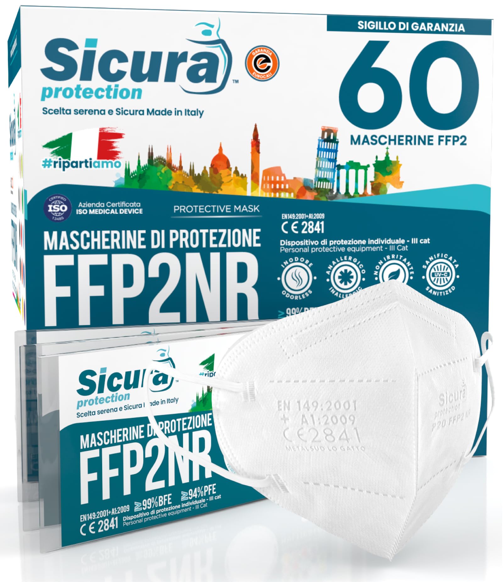 60 mascarillas FFP2 con certificación CE Made in Italy BFE ≥99% Mascarillas italianas ffp2 sanitizadas y selladas individualmente. Certificación EN 149:2001+A1:2009