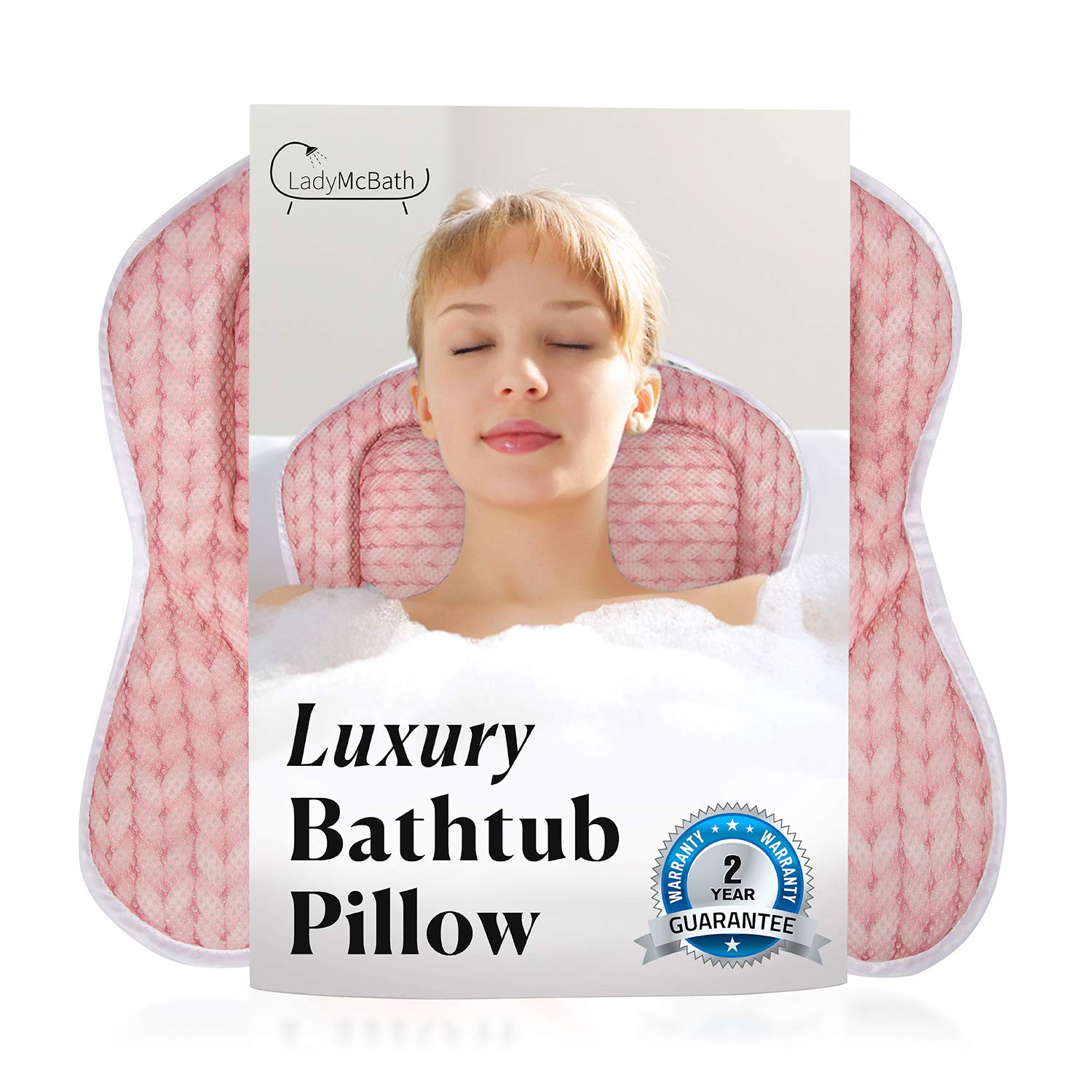 Lady McBath Bath Pillow - Luxury Bath Pillows for Tub Neck and Back Support - Powerful Suction Cups, Machine Washable Bathtub Accessory for Relaxation (Peach)