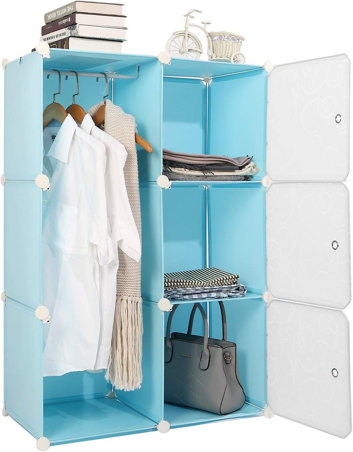 Portable Wardrobe Closet Bedroom Clothes Armoire Dresser Organizer Cube Storage Organizer (Blue, 6 Cube)