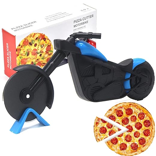 Motorrad Pizzaschneider,Lustige Pizzaroller aus Edelstahl,Hochwertige Pizzamesser,Pizzarad Zerteilt Pizza Mühelos in servierfähige Stücke,Pizza Cutter mit Ständer für Weihnachten Party Geschenke(Blau)