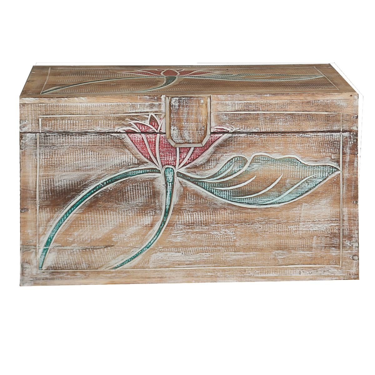 Truhe Holzkiste Holztruhe Schatztruhe Kiste Box Palmenholz Holzbox Blumen Schnitzereien Shabby Used Look Modell Baris Mittel 50 cm