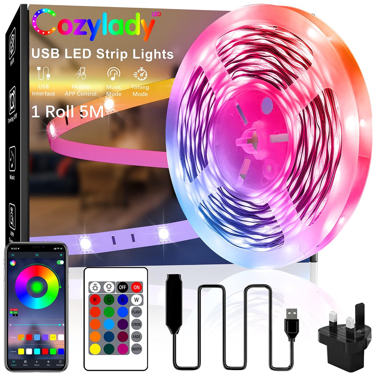 5M USB Led Light,Smart Bluetooth RGB Light with APP Control, Timer Setting, Music Mode, Led Light Strip for Decoration, Bedroom, PC,Cabinet（usb 5m）