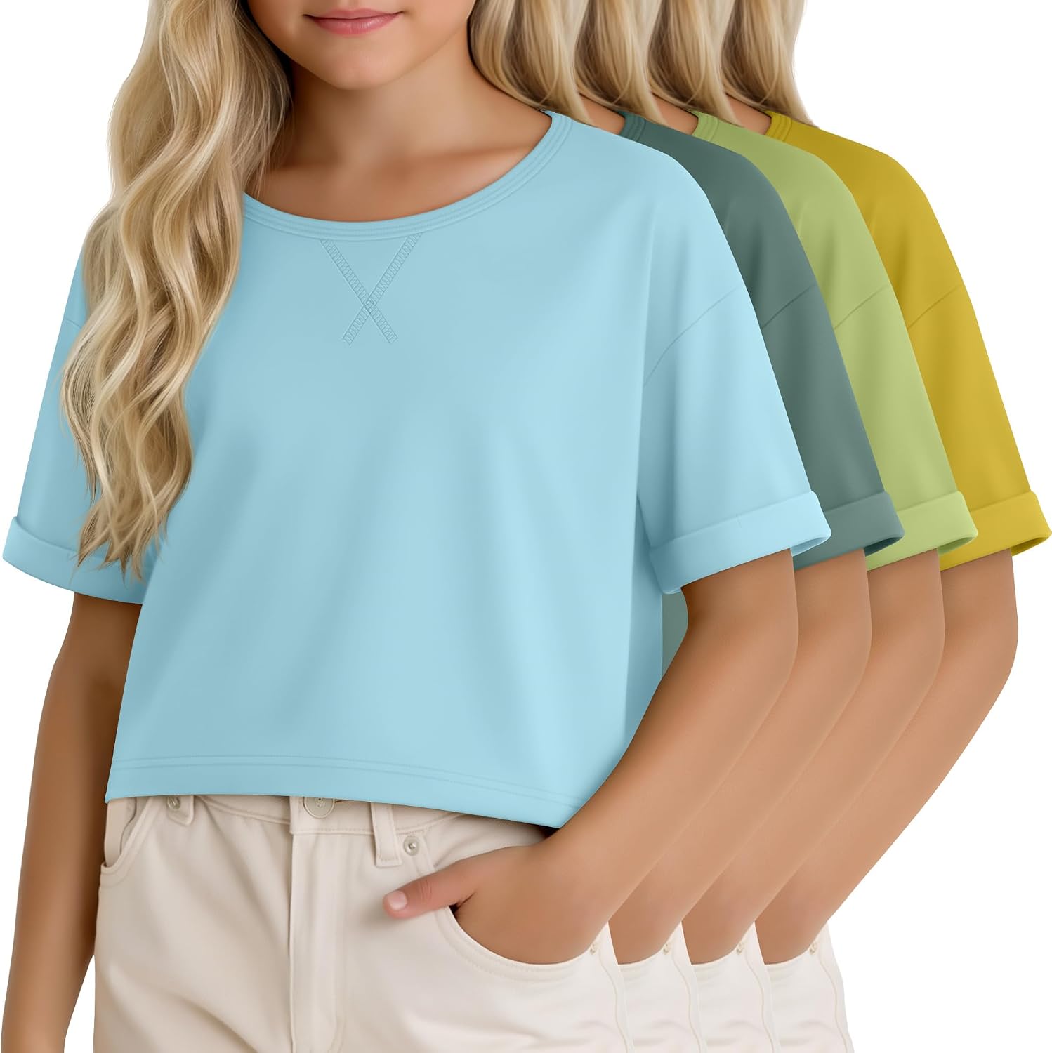Oakgarden 4 Pack Girls Crop Tops Oversized Rolled Short Sleeve Crew Neck Shirts Kids Summer Basic Cute Tees 5-14 Years