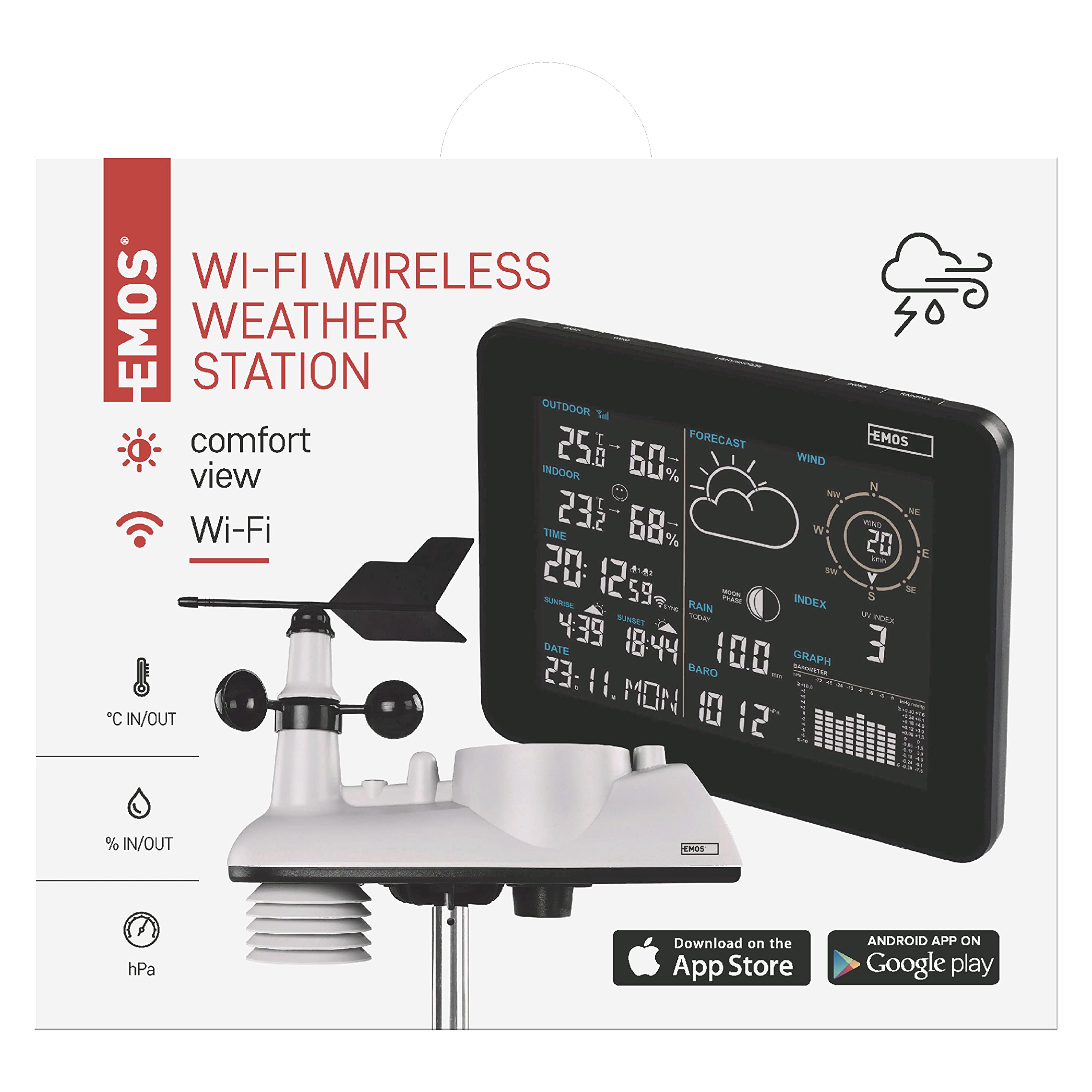 EMOS Stazione meteorologica WiFi professionale con WiFi e app, sensore esterno a energia solare – pluviometro e anometro, stazione meteo intelligente radio con previsioni meteo, termometro e barometro