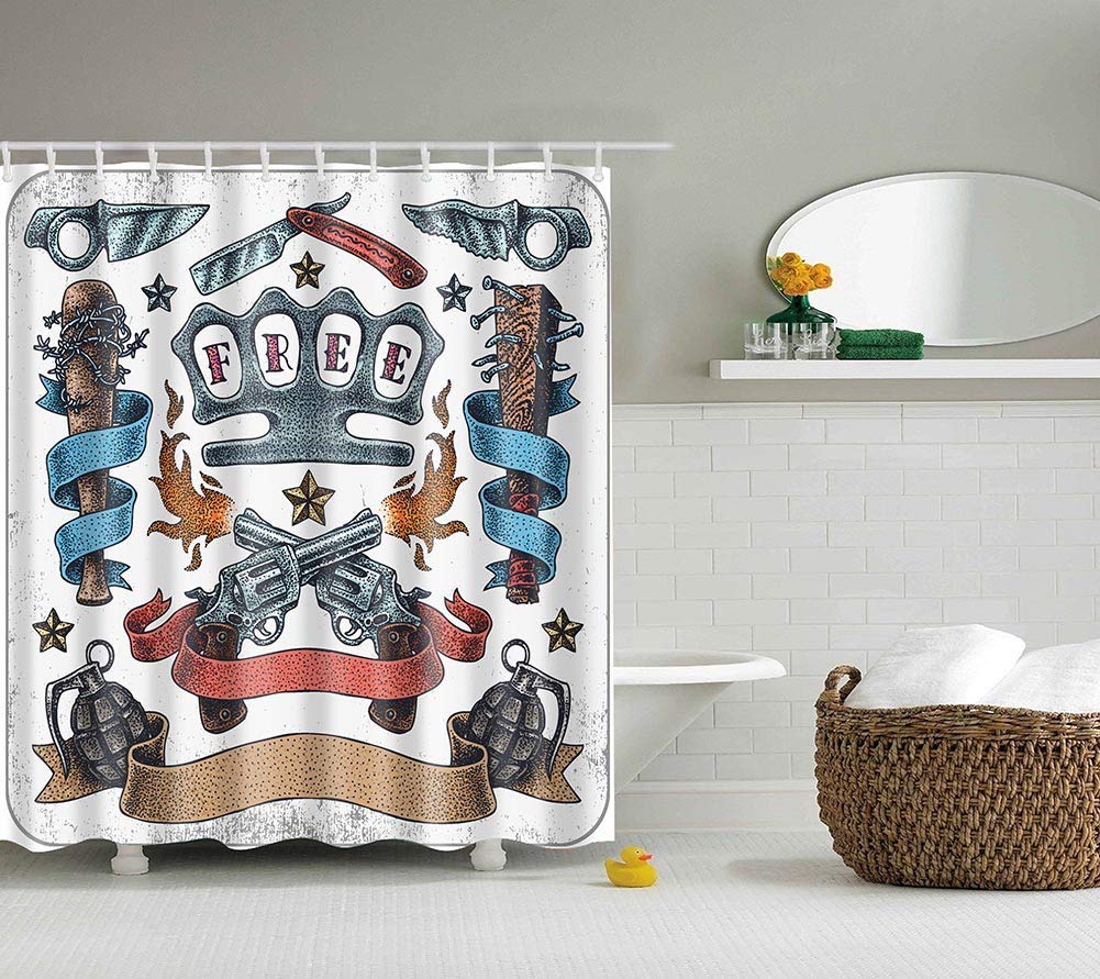 BOYOUTH Violent Weapon Pattern Digital Print Shower Curtains for Bathroom Decor,Polyester Waterproof Fabric Bath Curtain with 12 Hooks,70x70 Inches,Multicolor