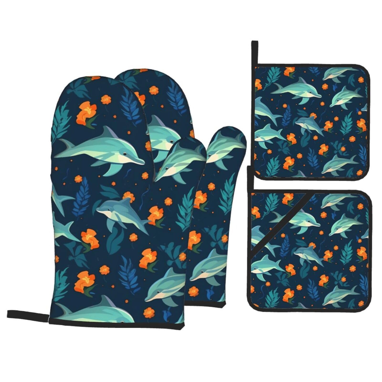 HJFCZH Blue Play Dolphin Picture Kitchen Baking Set of 4 Thick Insulated Oven Mitt & Pot Holders, Anti-Scalding for Microwave, Oven, Outdoor BBQ