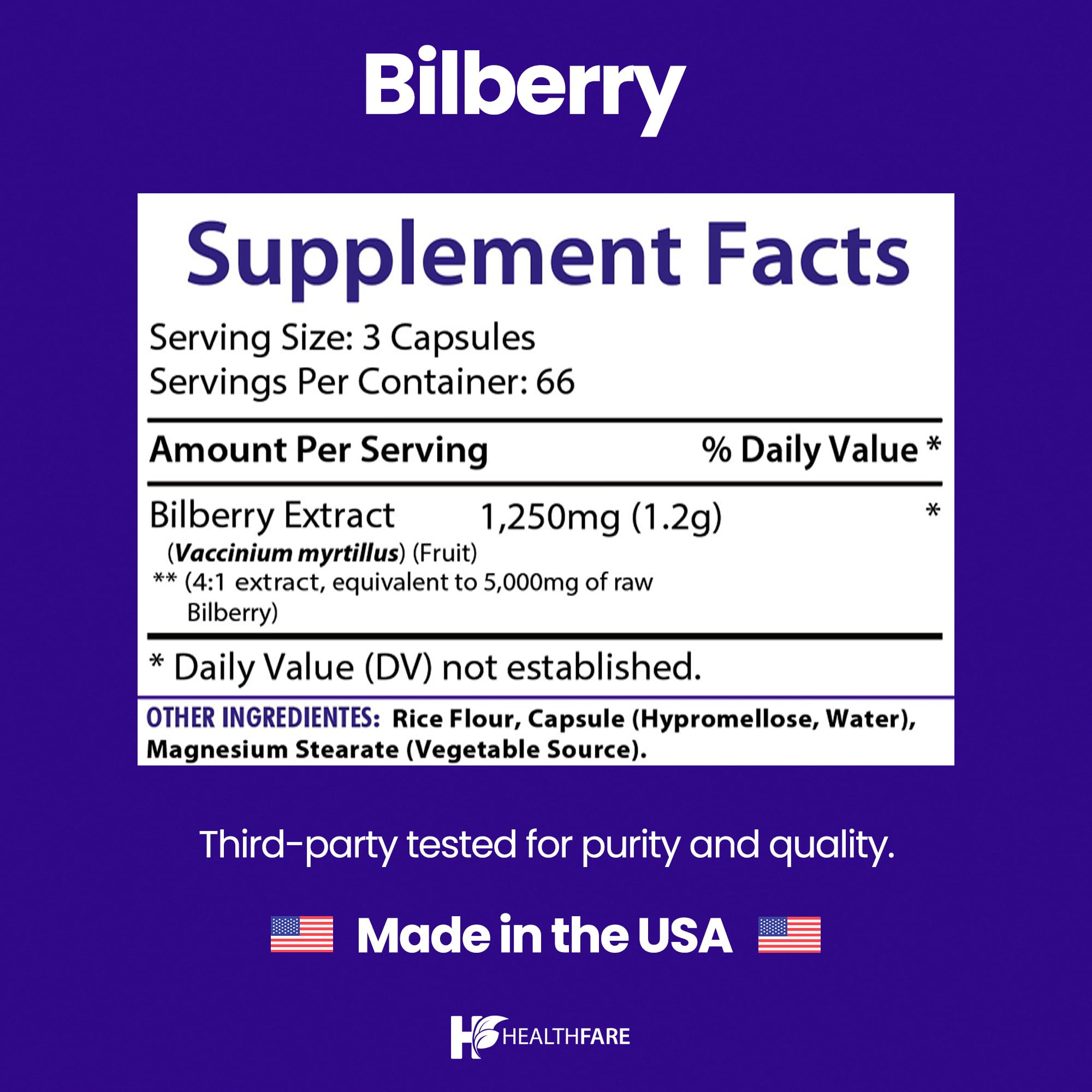 Healthfare Bilberry Supplement | 200 Vegan Capsules | Bilberry Extract (Vaccinium myrtillus) | Extra Strength | Non-GMO, Gluten-Free | Made in USA — Amazon image 3