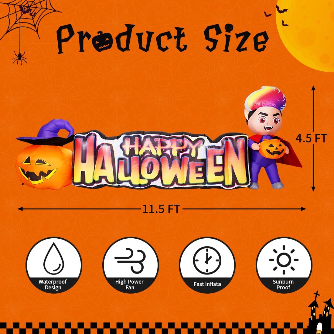 GOOSH 11.5 FT Happy Halloween Inflatables Outdoor Decorations Vampire with Pumpkin Blow Up Yard Decorations Long with LED Lights Holiday for Halloween Party Yard Garden Lawn