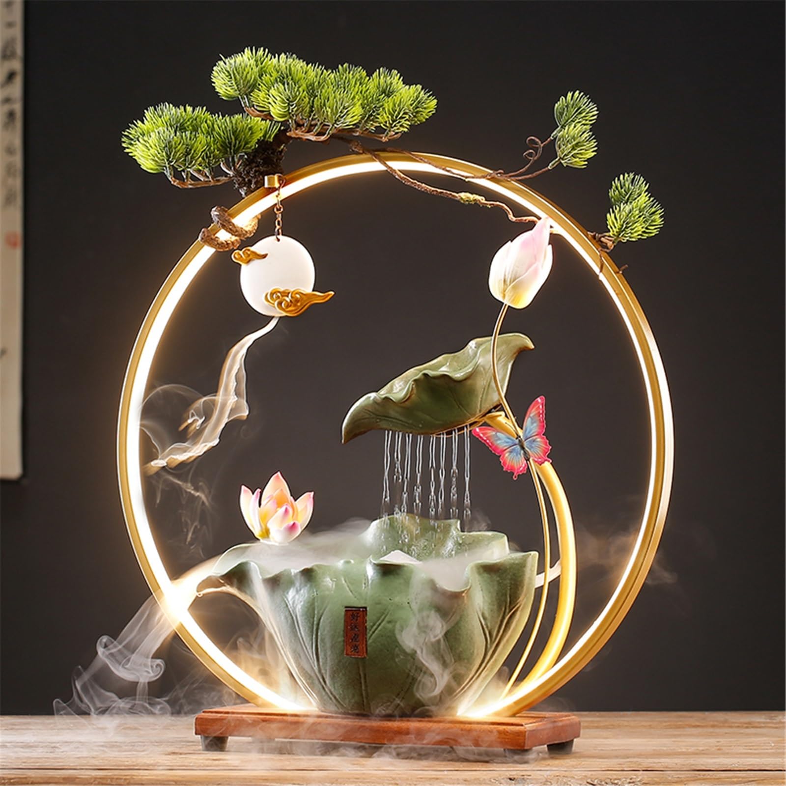 Fuente de Mesa Decorativa para Interior, Fuente de Agua con Cascada, de cerámica, diseño de Loto, con iluminación LED, alimentación USB, Zen, decoración para Oficina, Escritorio