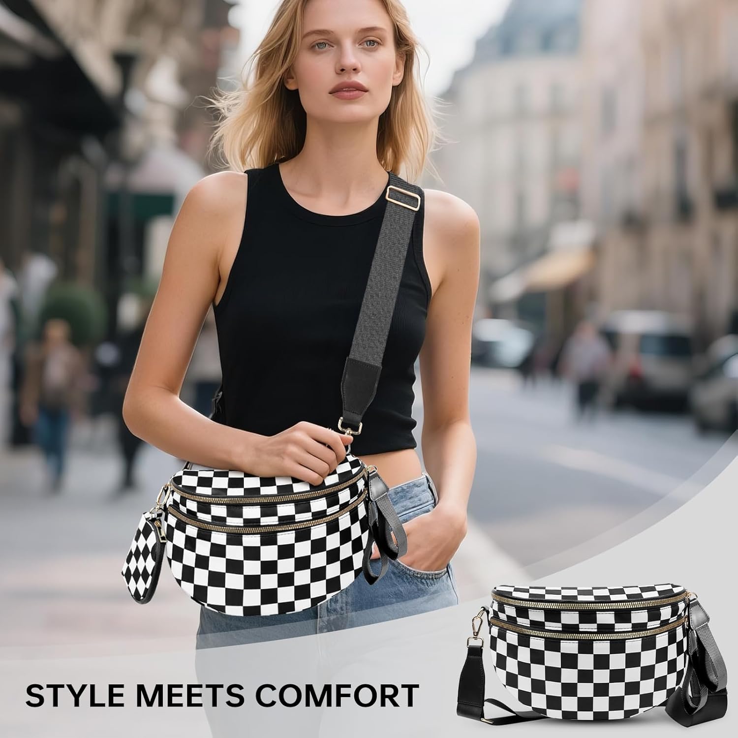 Checkered Crossbody Bag Bum Bag Crossbody Bags for Women Waist Packs Large Fanny Packs Belt Bags Checkered Purse Handbags Wallets Purses Trendy Shoulder Pouch (Checkered Black and White, One Size) - Image 3
