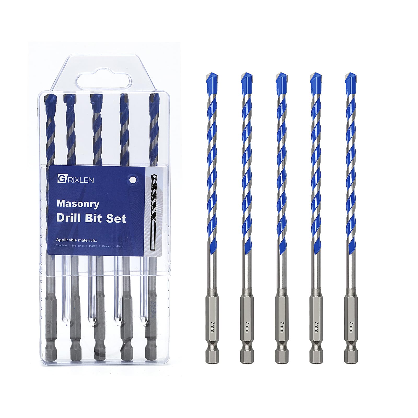 5 Pack 9/32 inch (7mm) Concrete Drill Bit Set, Masonry Drill Bit Set with Hex Shank,Carbide Tip Drill Bits for Concrete, Tile,Brick, Plastic, Cement (