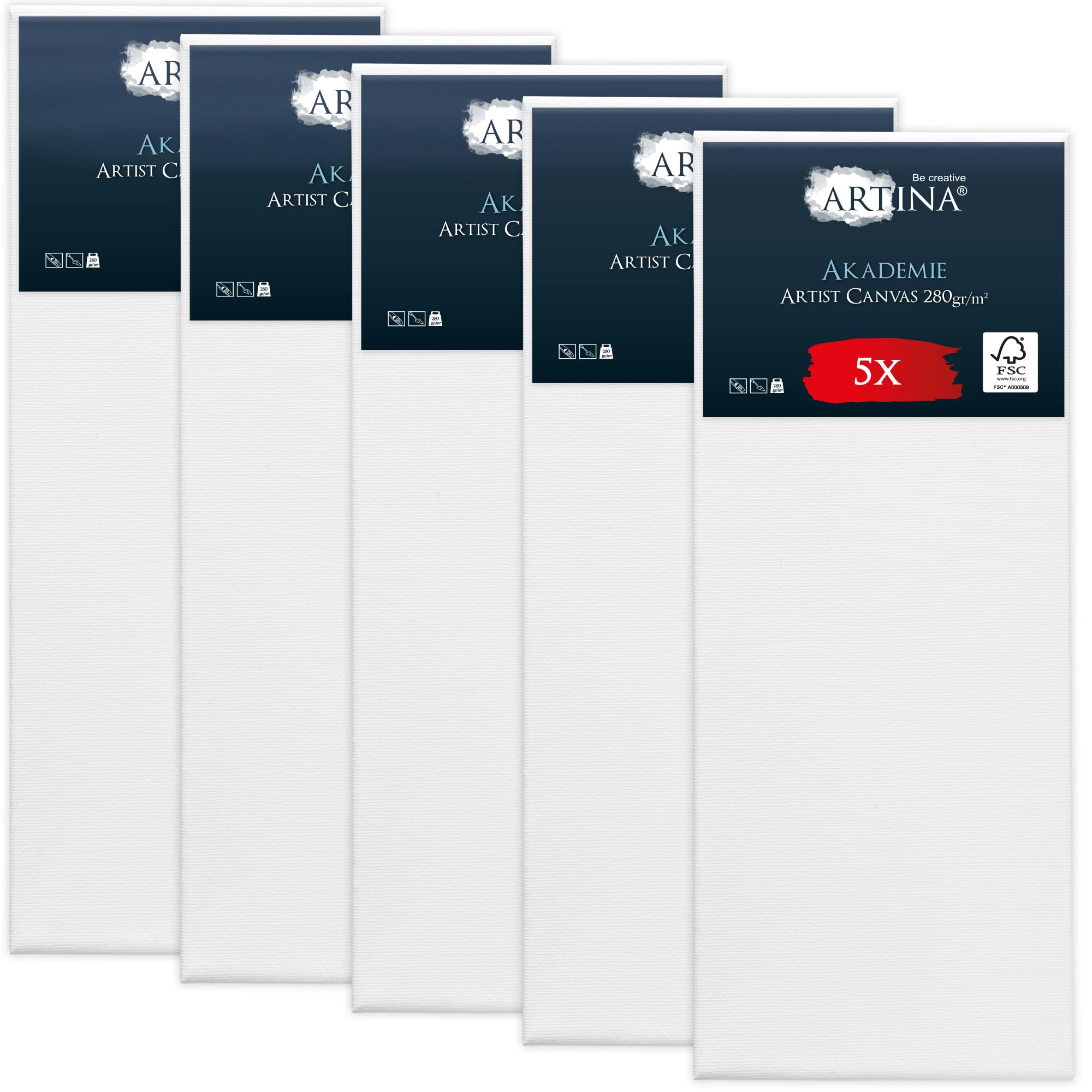 Artina 5pcs Paint Canvas Set 30x80 cm โ FSCยฎ Canvas for Painting 100% Cotton Canvas Stretcher Frame 280 g/mยฒ โ Blank Canvases for Art for Acrylic, Watercolour & Oil Painting โ Plain Canvas Akademie