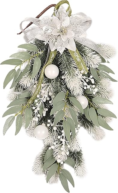 SLDHFE Artificial Christmas Teardrop Swag, 19.7inch Poinsettia Teardrop Wreath Artificial Front Door Swags Christmas Teardrop Floral Swag for Indoor and Outdoor Home Xmas Decor, White, 1PCS