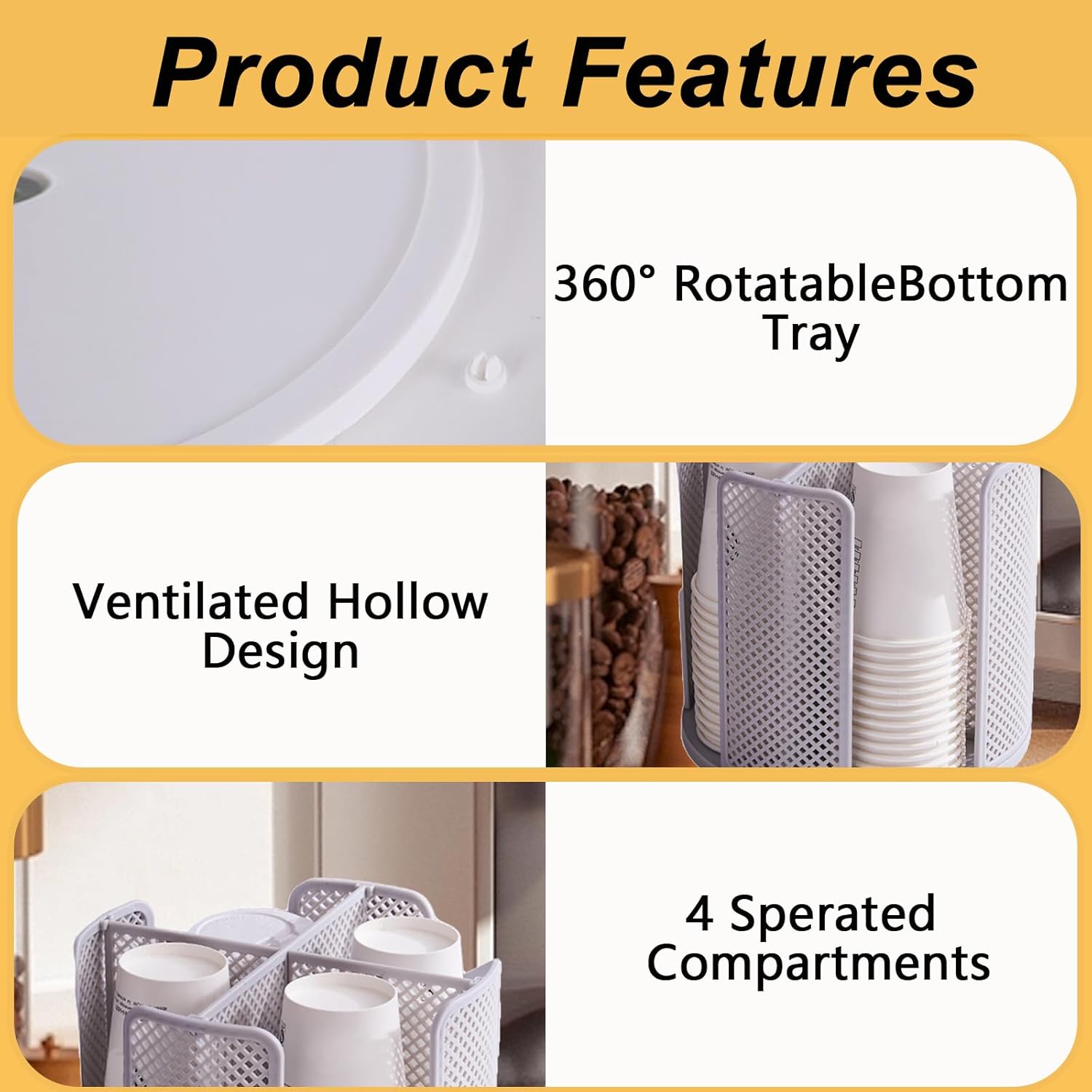 Coffee Cup Dispenser, Rotatable Cup and Lid Organizer with 4 Compartments, Coffee Cup Holder for 5-16oz Cups Organizer for Countertop, Restaurant, Coffee Station, Bar, Office, Home (Gray)