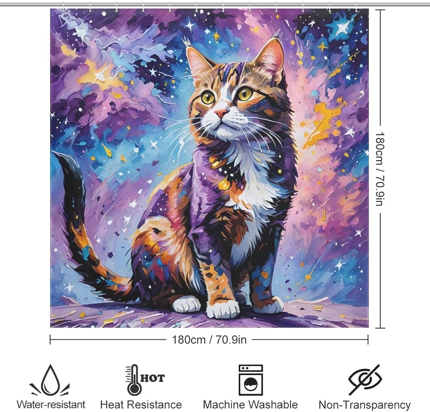 Cat Art Painting Waterproof Shower Curtain Set - 72x72 Inch Animal Bathroom Decor for Kids with 12 Metal Hooks, Machine Washable Polyester Bath Curtain