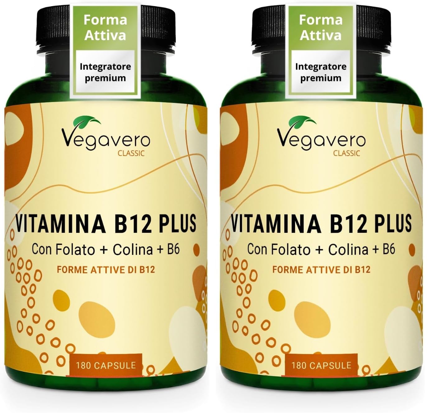 Vegavero Vitamina B12 Vegan 1000 mcg | con Acido Folico, Vitamina B6 e Colina | Metilcobalamina + Adenosilcobalamina (Forme Attive) | SENZA ADDITIVI | 180 capsule (Confezione da 2)