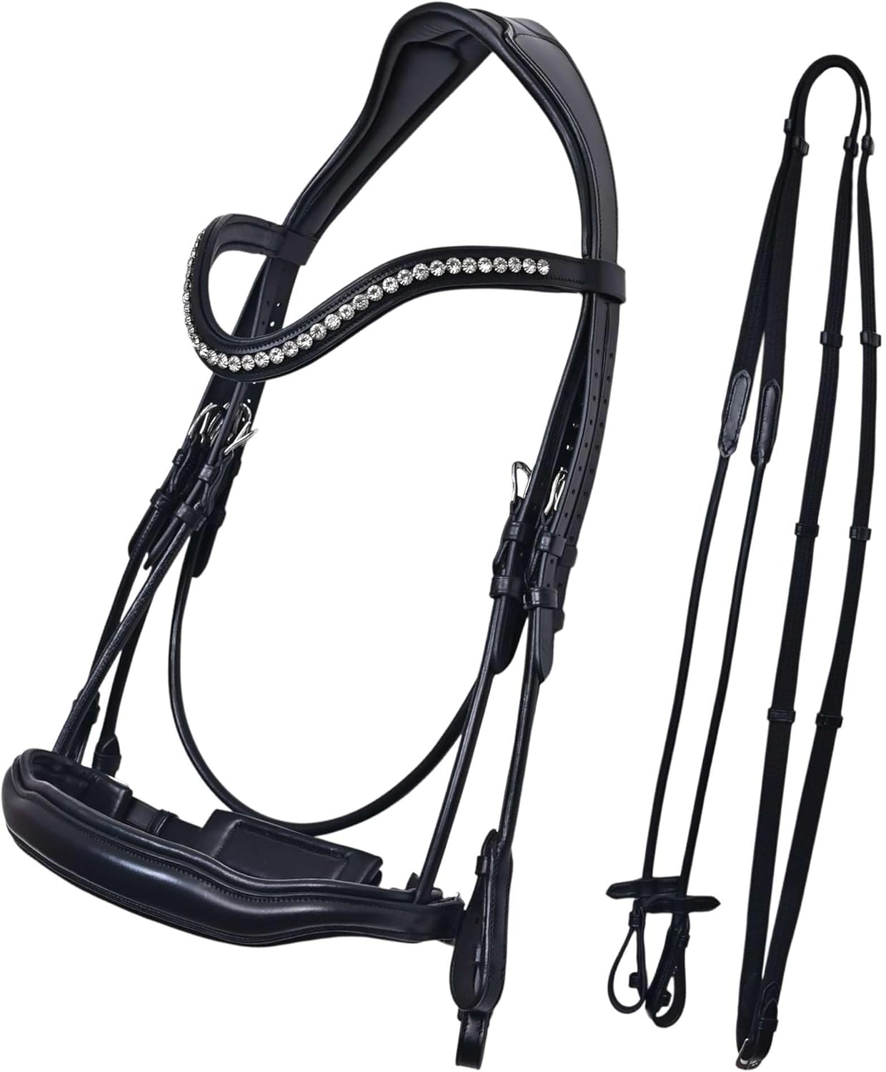 Western Leather Bitless Snaffle Bridle for Horses English Jumping Bridle with Browband,Removable Noseband, Rubber Reins, Headstall Equestrian Sports Accessories in Various Size Color Pattern