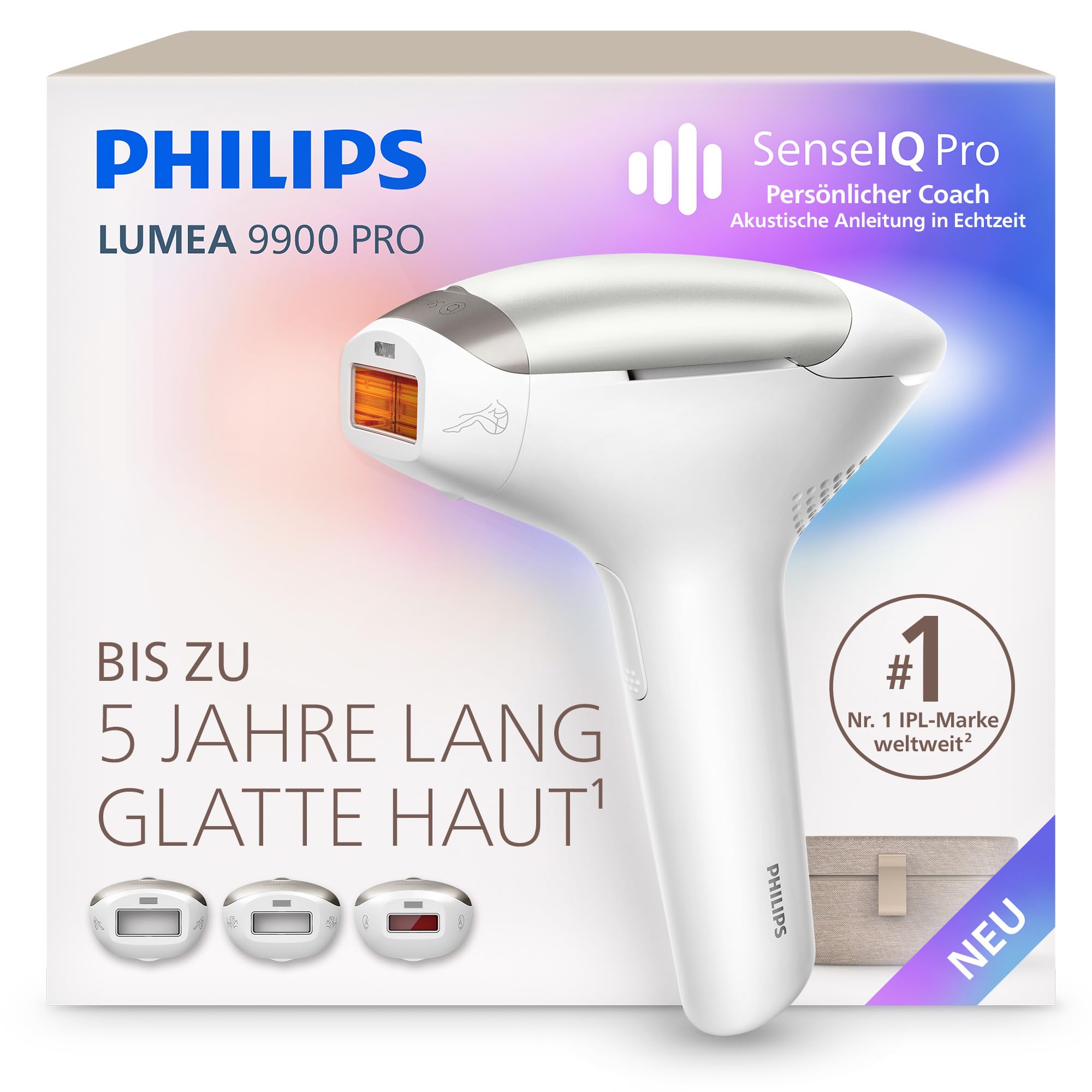 Philips Lumea 9900 Pro IPL-Haarentfernungsgerät - Statt Laser-Behandlung, Anwendung zu Hause, Sicherheit nach medizinischen Standards, 3 Aufsätze: Körper, Gesicht, empfindliche Stellen, BRC331/00