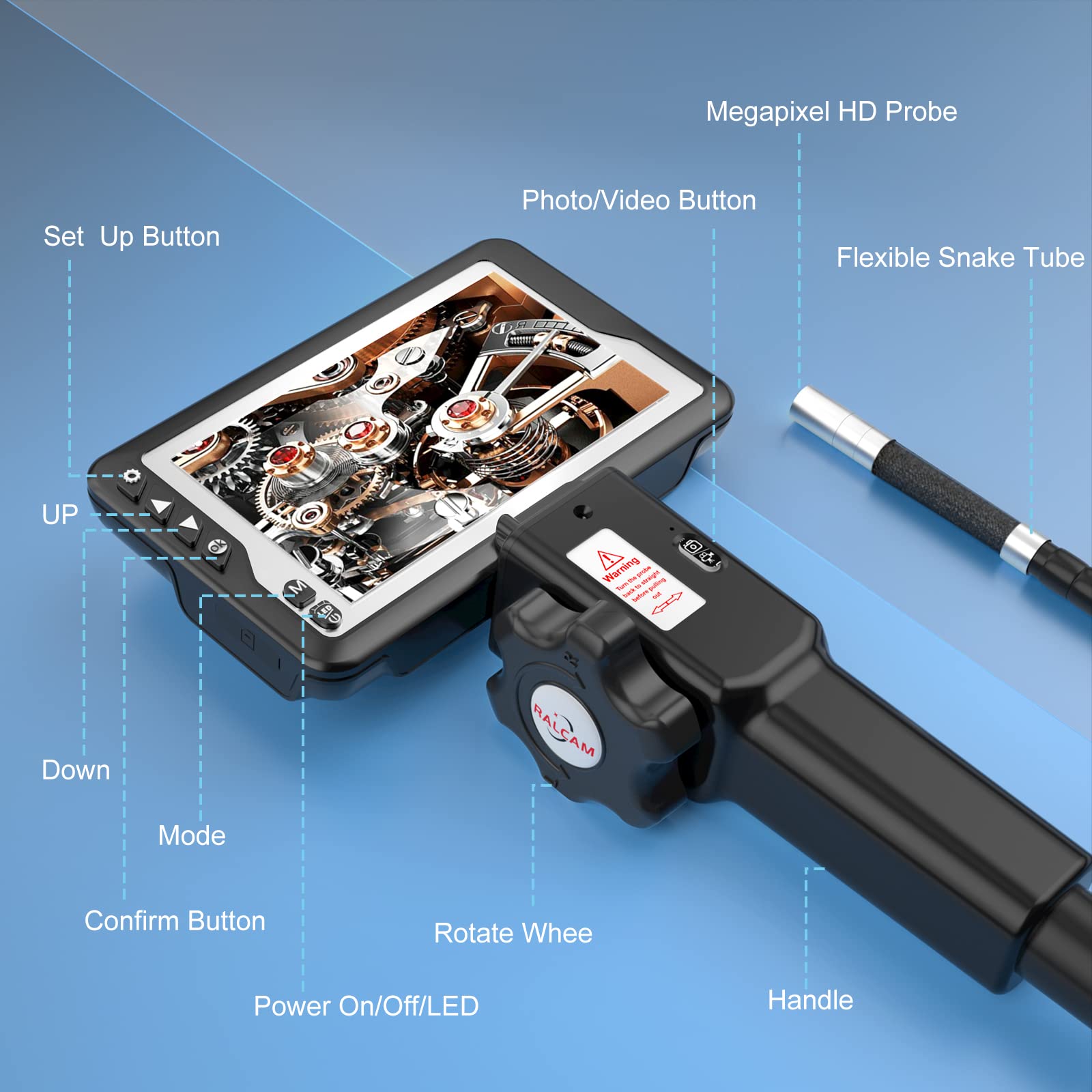 Ralcam Endoskopkamera mit Licht Endoskop - 720P HD Inspektionskamera 4,5'' IPS LCD Bildschirm Industrial Endoscope mit 5,5 mm Teleskopkamera, 6 Adjustable Kamera Licht, 6000mAh Akku, Werkzeugkasten