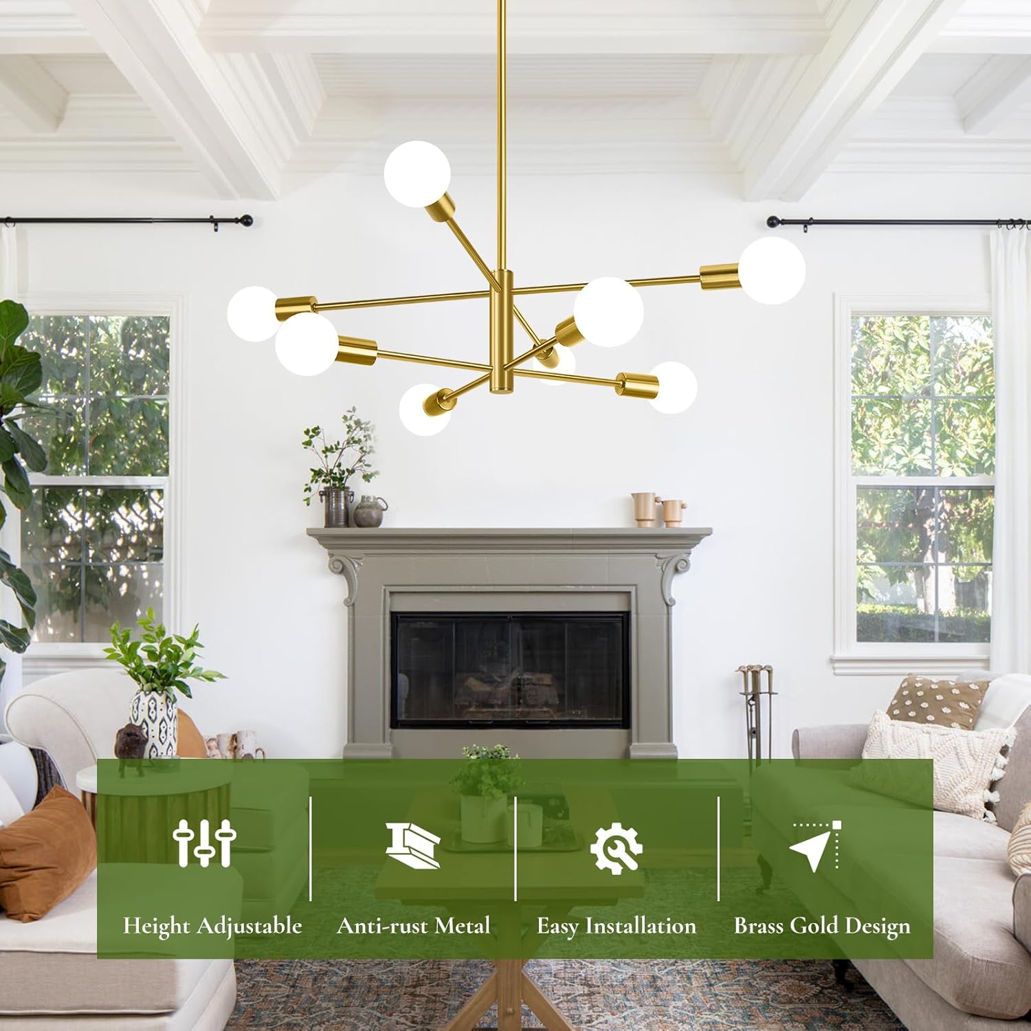 BesLowe 8-Light Modern Sputnik Chandelier, Mid Century Gold Chandeliers Lighting, Farmhouse Ceiling Hanging Light Fixture for Dining Room Bedroom Living Room Kitchen Foyer, Height Adjustable