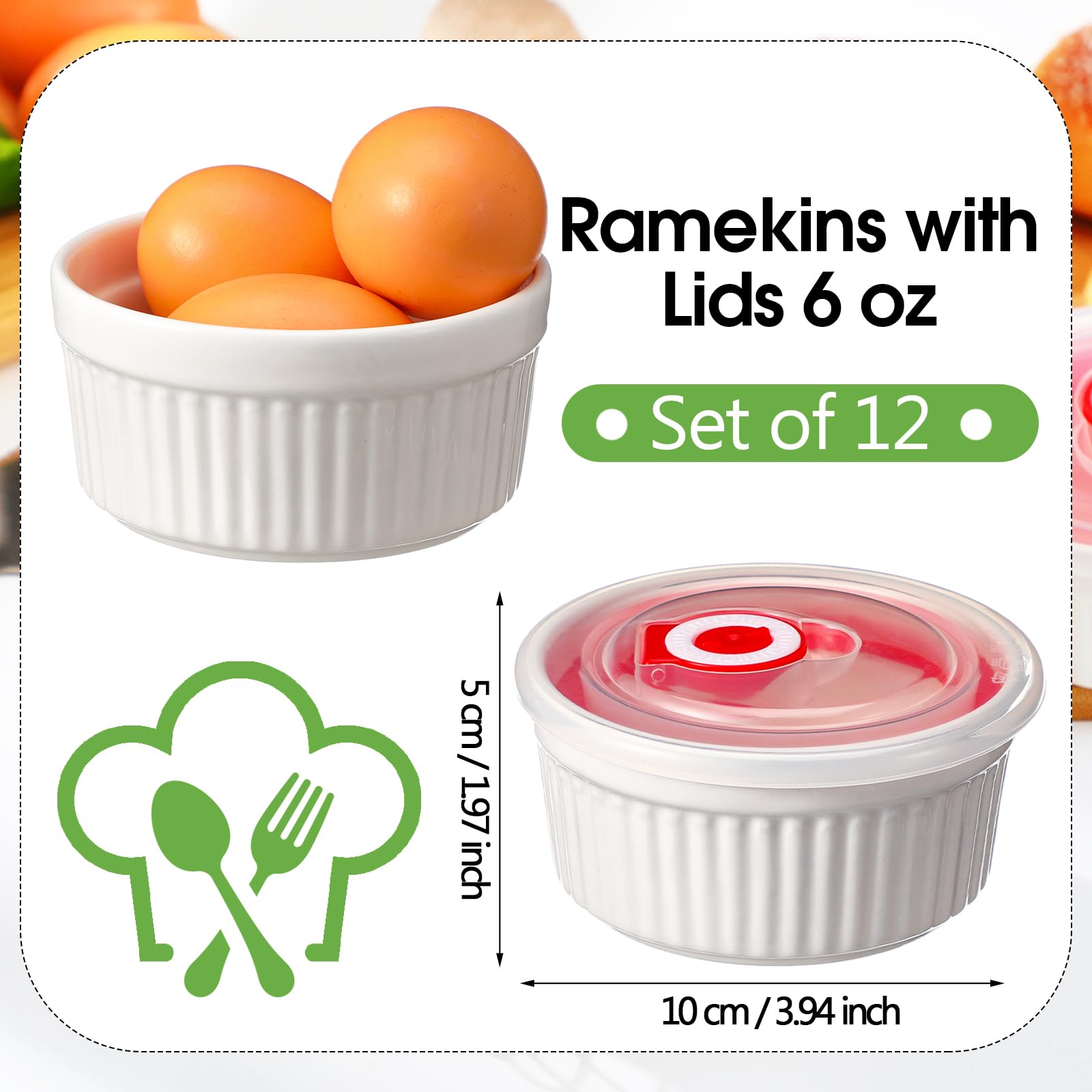 Paquete de 12 ramequines de 8 onzas con tapas, aptos para horno, porcelana, para crema, brulee, con cubiertas, para pudín blanco, tazas de natillas apilables, cuencos de cerámica para hornear