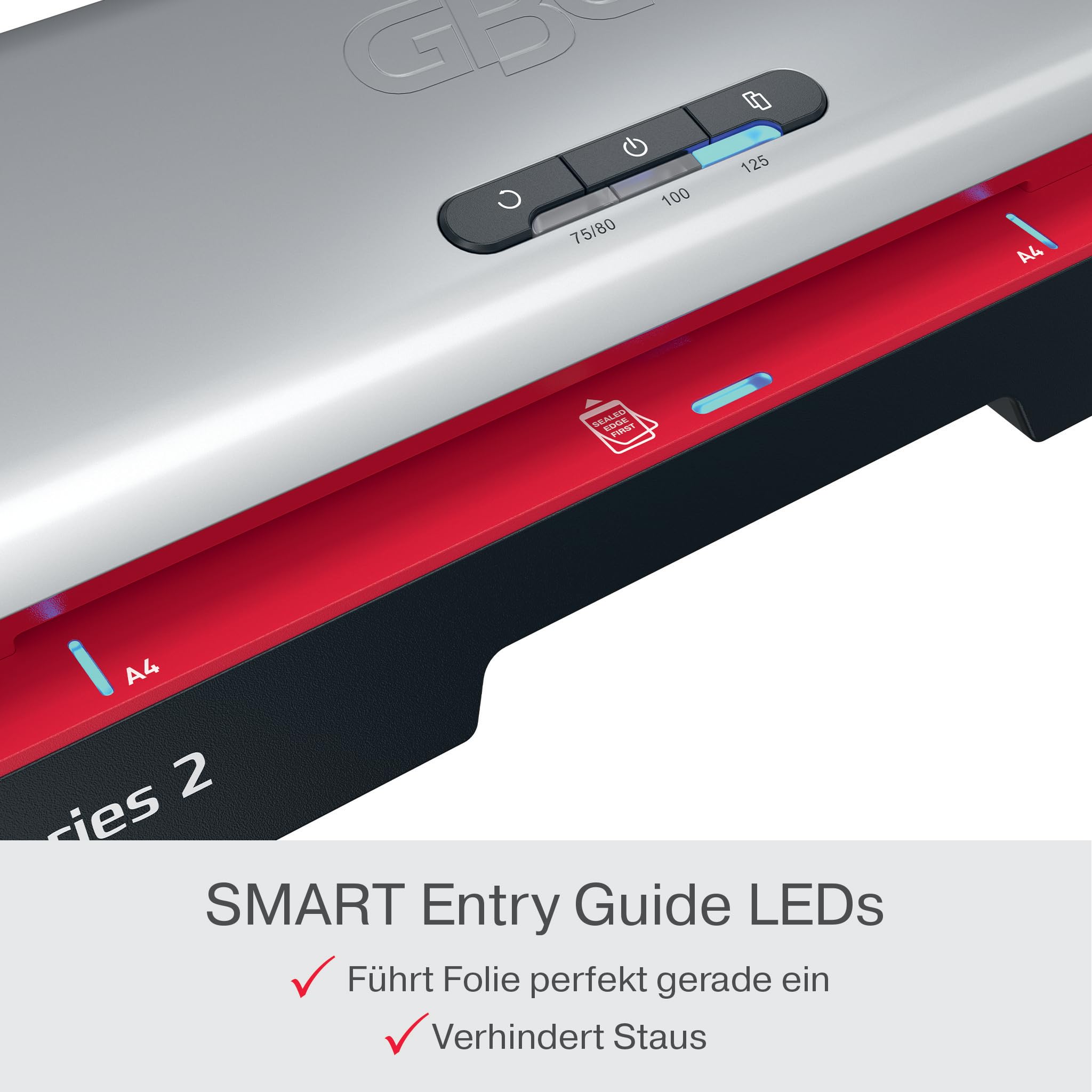 GBC 250 Office - Plastificatrice A4, versione Svizzera, riscaldamento rapido in 1 min, 75-125 micron, accesso facilitato a LED, con 5 custodie per plastificatrici A4, nero/rosso, tipo J, 4410070CH