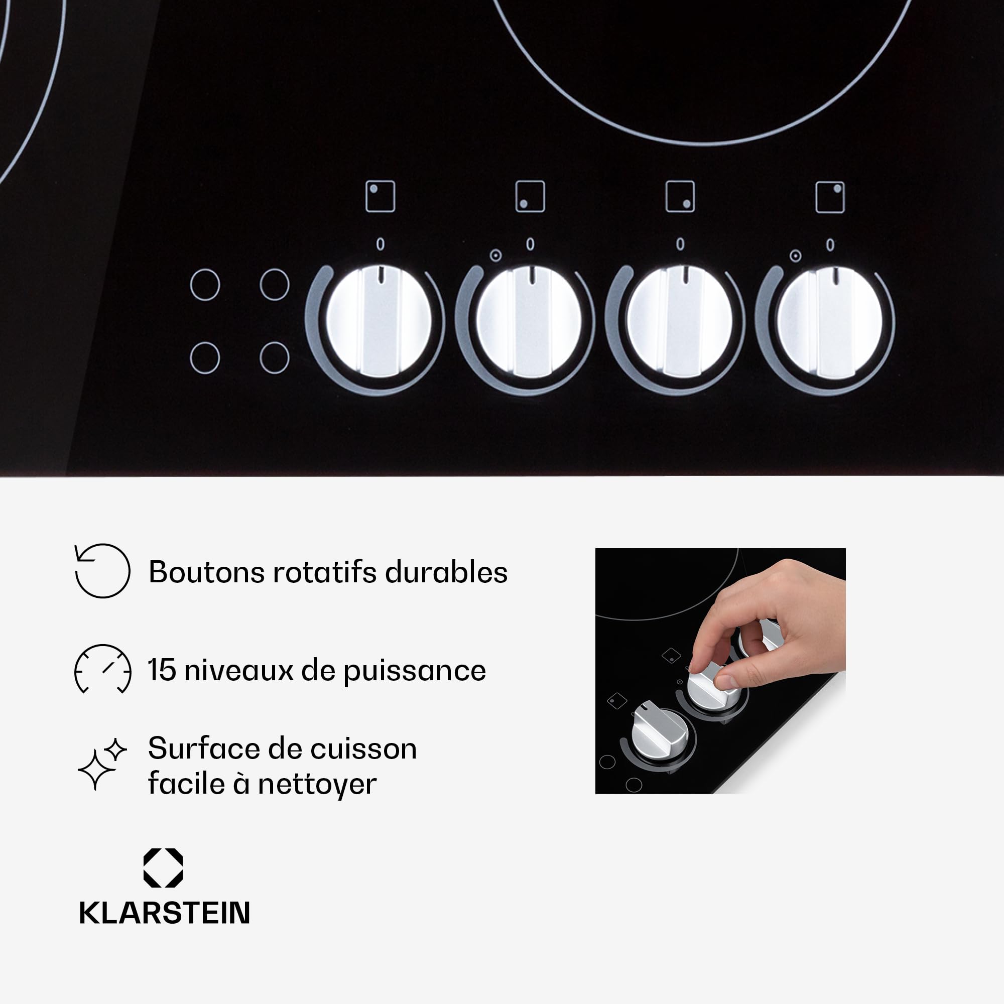 Klarstein Plaque Vitrocéramique 4 Feux Encastrable de 6500W, Plaque de Cuisson Vitrocéramique, Plaque Vitro 4 Feux, Table Vitroceramique, Cuisinière Électrique Vitrocéramique en Acier Inoxydable