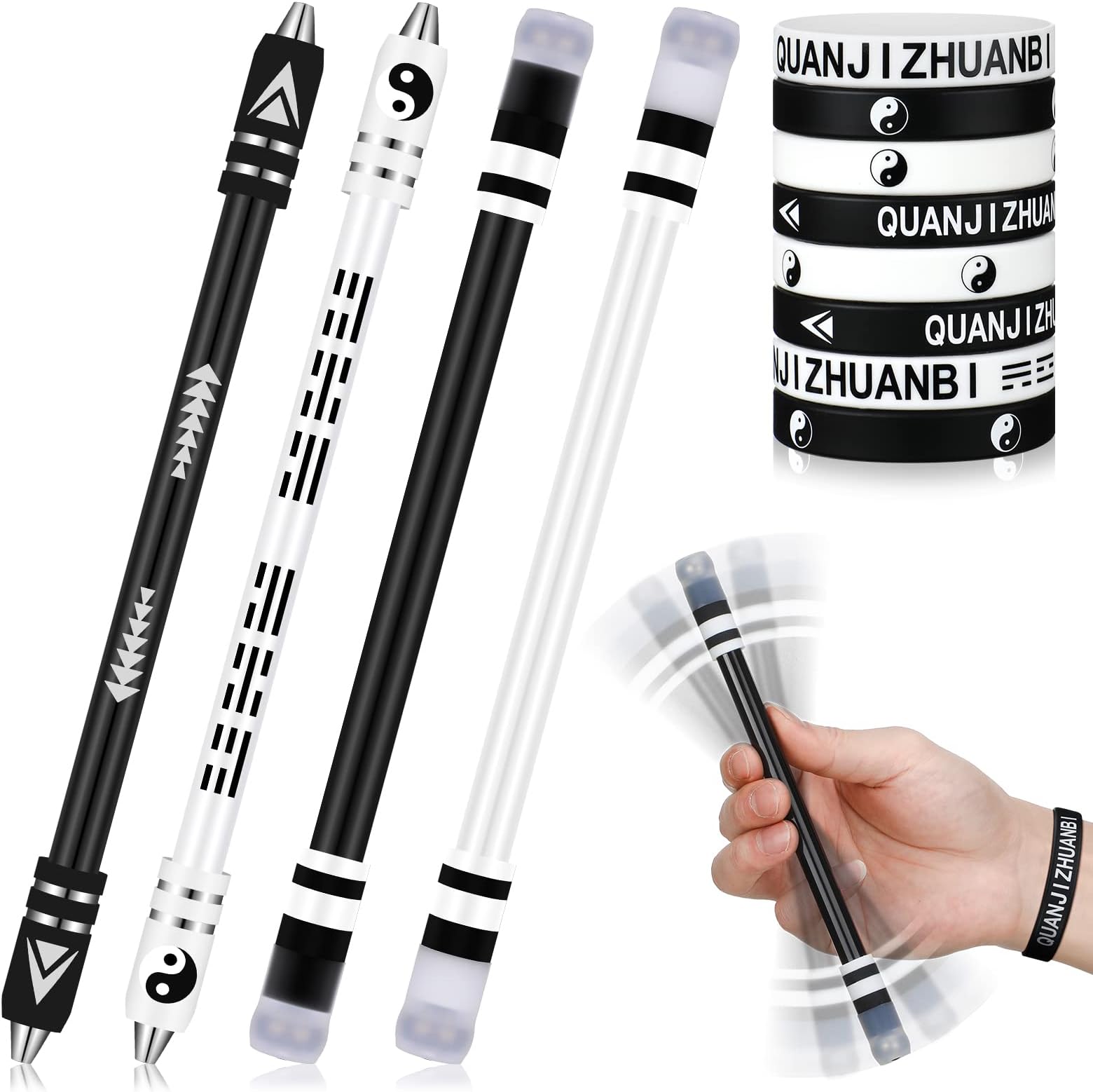 Geyee 4 Pcs Spinning Pen with 8 Pcs Silicone Bracelet Metal Gaming Finger, 8.5 Inch Fidget Anti Slip Rotating Pen Adults Office Supplies to Relieve Stress, No Refill