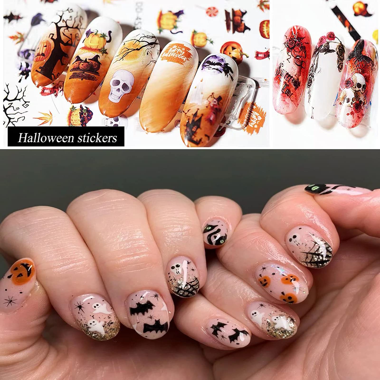 Halloween Nagelsticker Set – 15 Blatt, 3D Laser Design, Geister, Kürbisse, Schädel, Selbstklebend