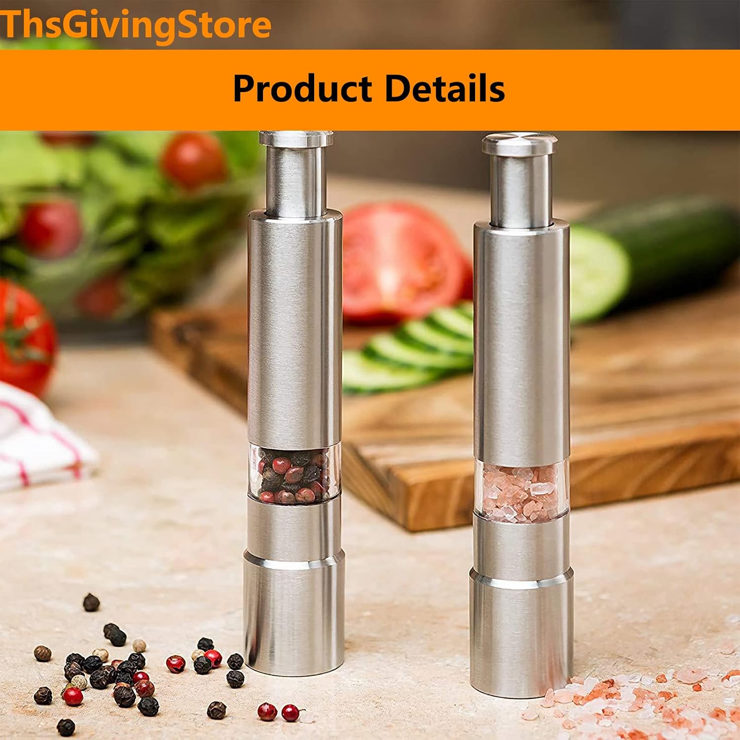 Thumb Pepper Grinder, Push Button Salt and Spices Pepper Fine Mill, One Hand Pepper Stainless Steel Grinder for Grains, Spices, Table Seasoning Grinders