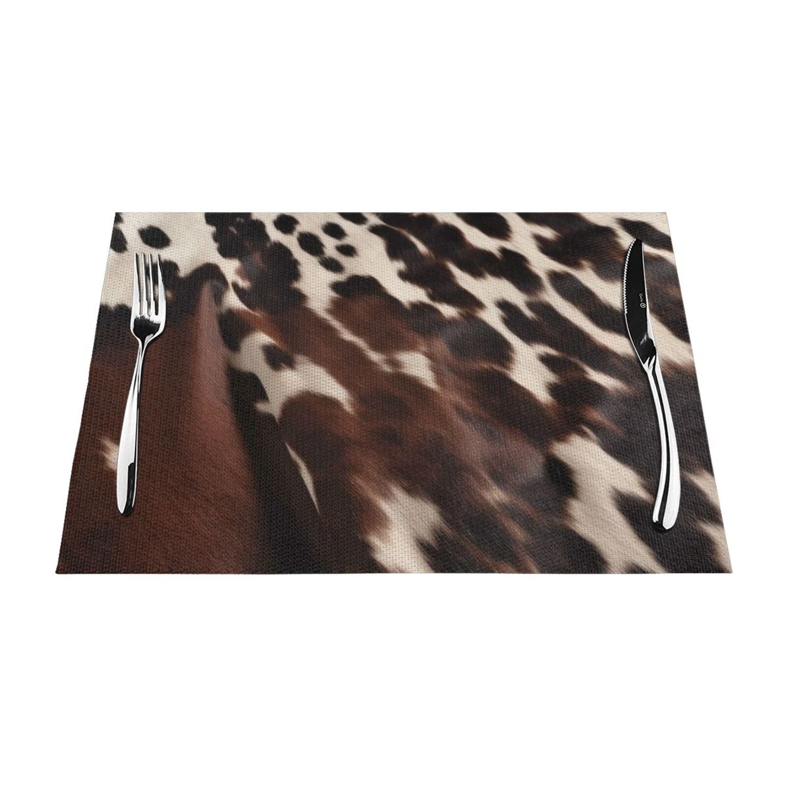 Brown Cowhide Printed PVC Placemat 4 PCS for Kitchen Dining Table Heat-resistand Washable Table Mats 18x12 in