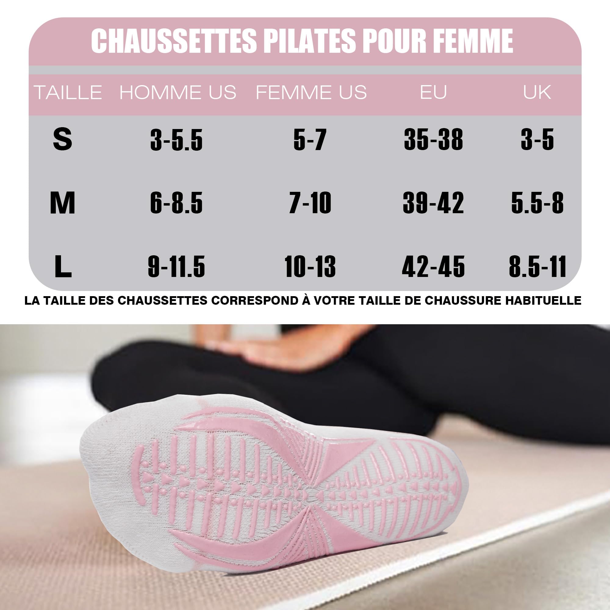 BRISIRA Chaussettes Pilates Coolmax Bambou Semelles Adhérentes Femme, Antidérapantes pour Yoga, Barre, Hôpital ou Pieds Nus avec Compression