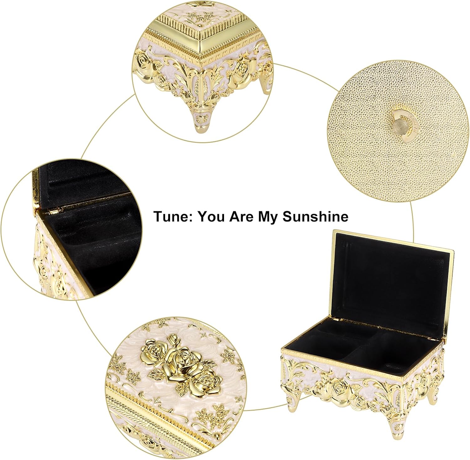 ELLDOO Vintage Music Box, Beige Metal Musical Jewelry Box Keepsake Box, Small Trinket Jewelry Storage Box Gift for Girl Women (Tune: You are My Sunshine), Gold Rose Pattern