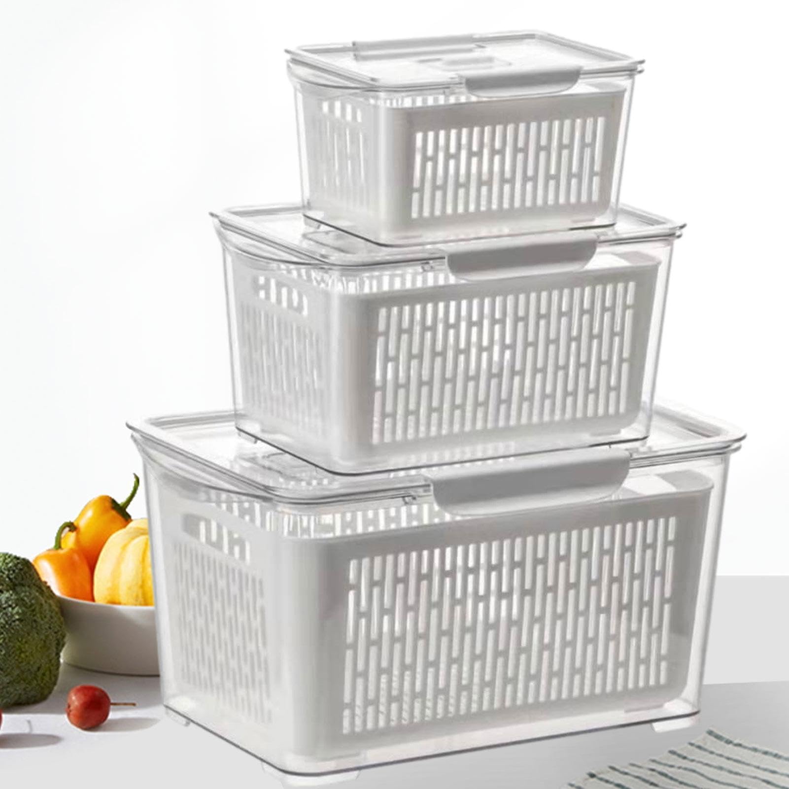 Behälter für Kühlschrank-Organizer, Obstsiebbehälter, stapelbares Obstsieb | mit 3-teiliger Kühlschrank-Box | Lebensmittelbehälter Set mit Manig