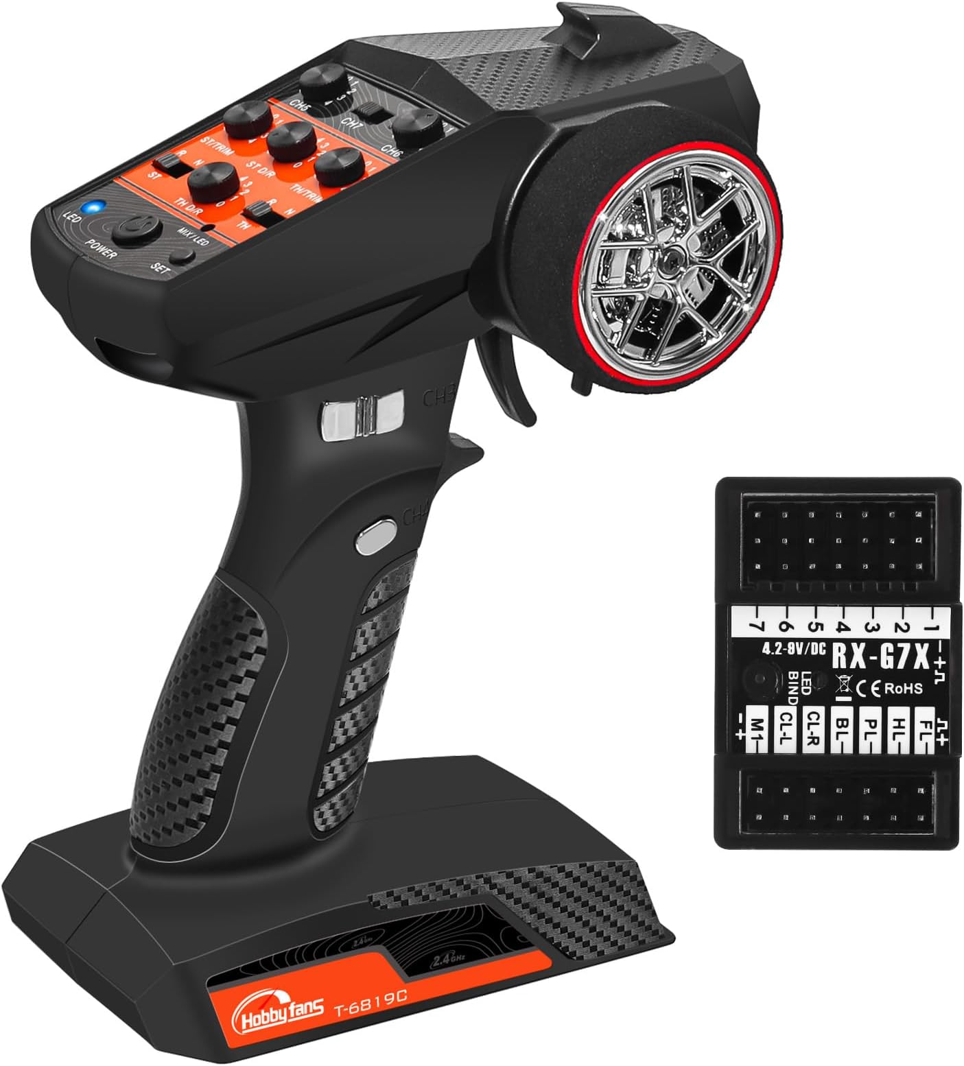 RC Radio System 7Ch 2.4G RC Transmitter With Receiver Anti-Jamming Remote Controller For RC Car Crawler Boat, Knob, Black