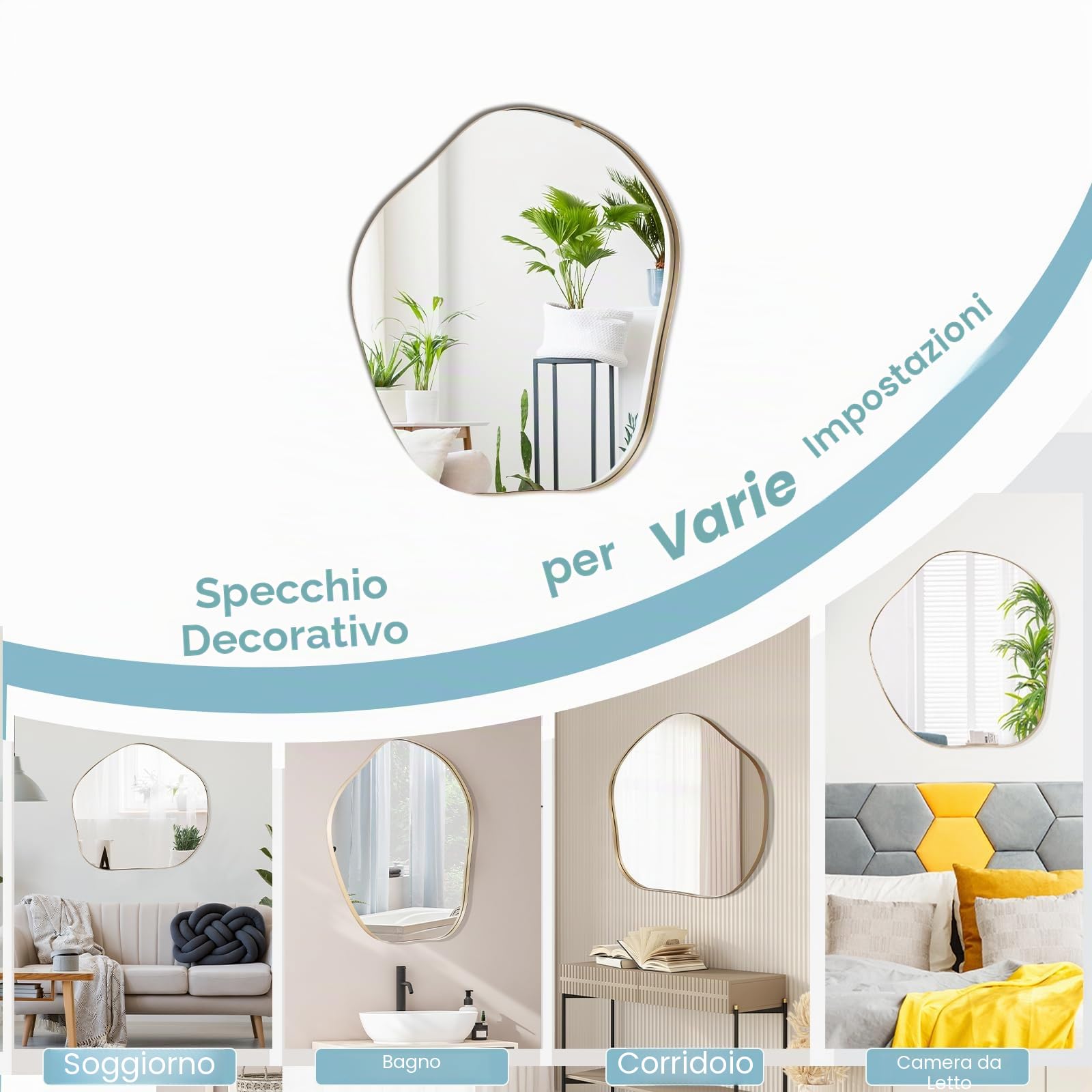 LIFEZEAL Specchio decorativo, irregolare con cornice in metallo, asimmetrica, da appendere in bagno o camera da letto, 75 x 70 cm