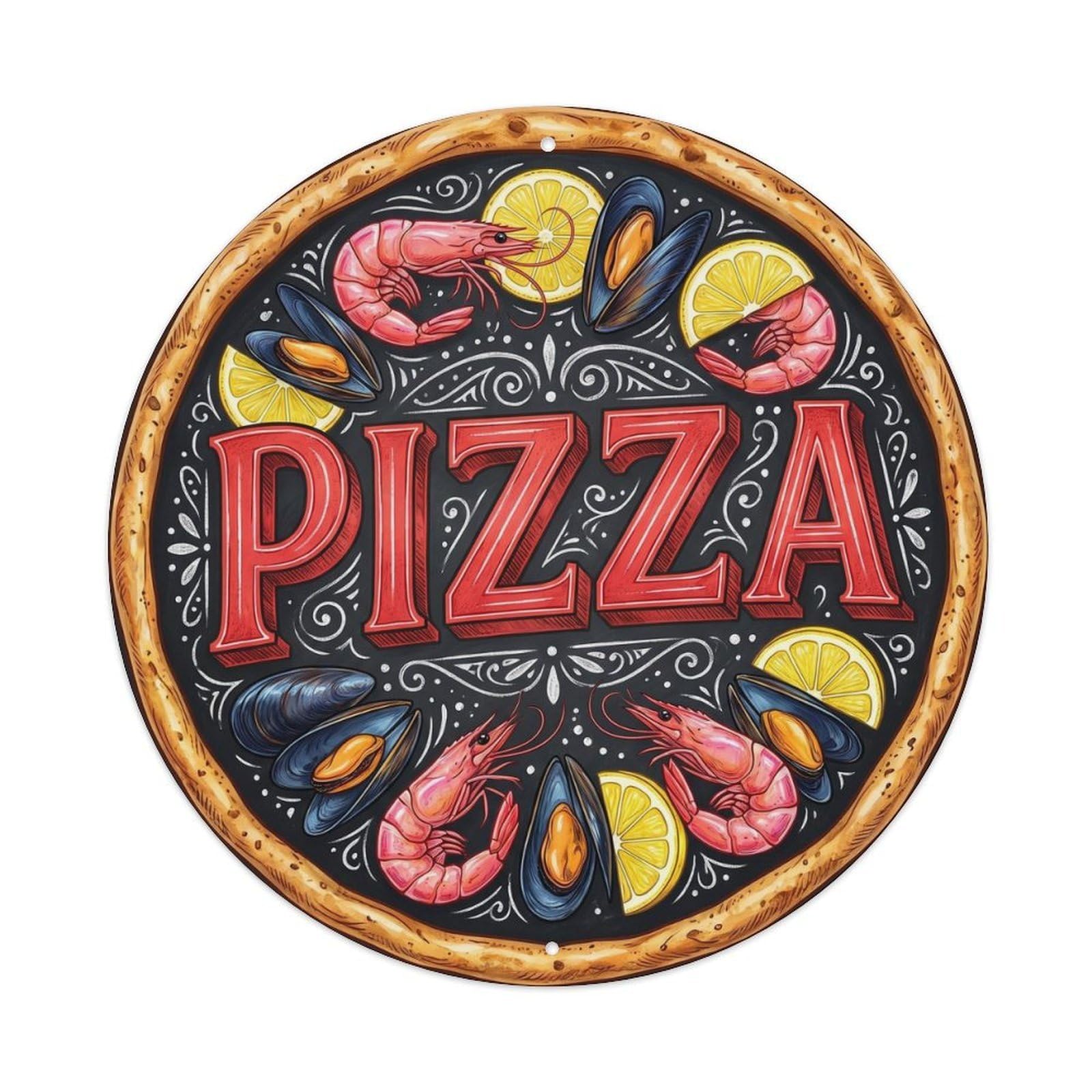 Shrimp Mussel Food Illustration Seafood Pizza Metal Tin Sign