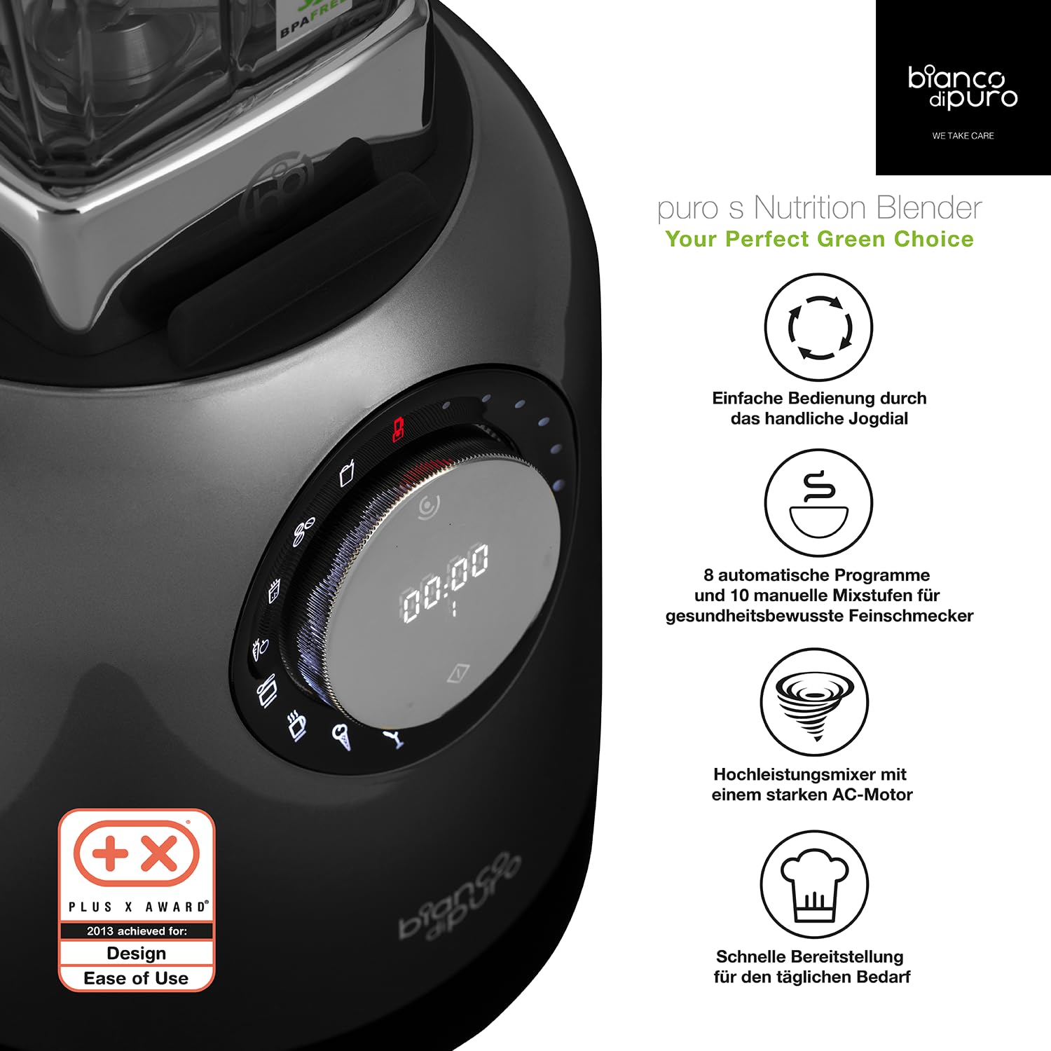 bianco di puro® Hochleistungsmixer Puro S Smoothie Maker 8 Mixprogramme 2 Liter Mixbehälter BPA-frei - Weiss